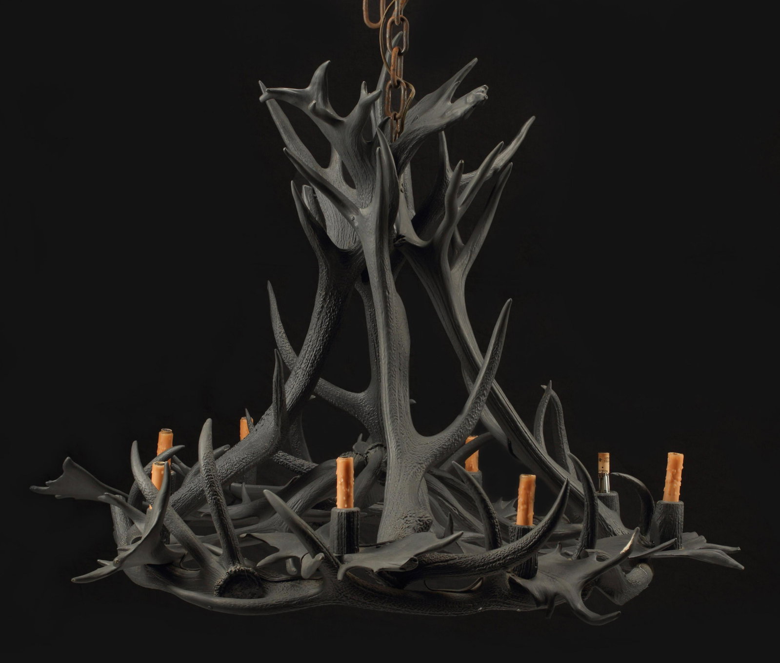 LARGE PAINTED FAUX ANTLER EIGHT-LIGHT CHANDELIER: Eight-light faux antler chandelier, in a gray painted finish, in need of wiring, restoration to one antler, approx 36.5"h, 49"diam Start Price: $300.00