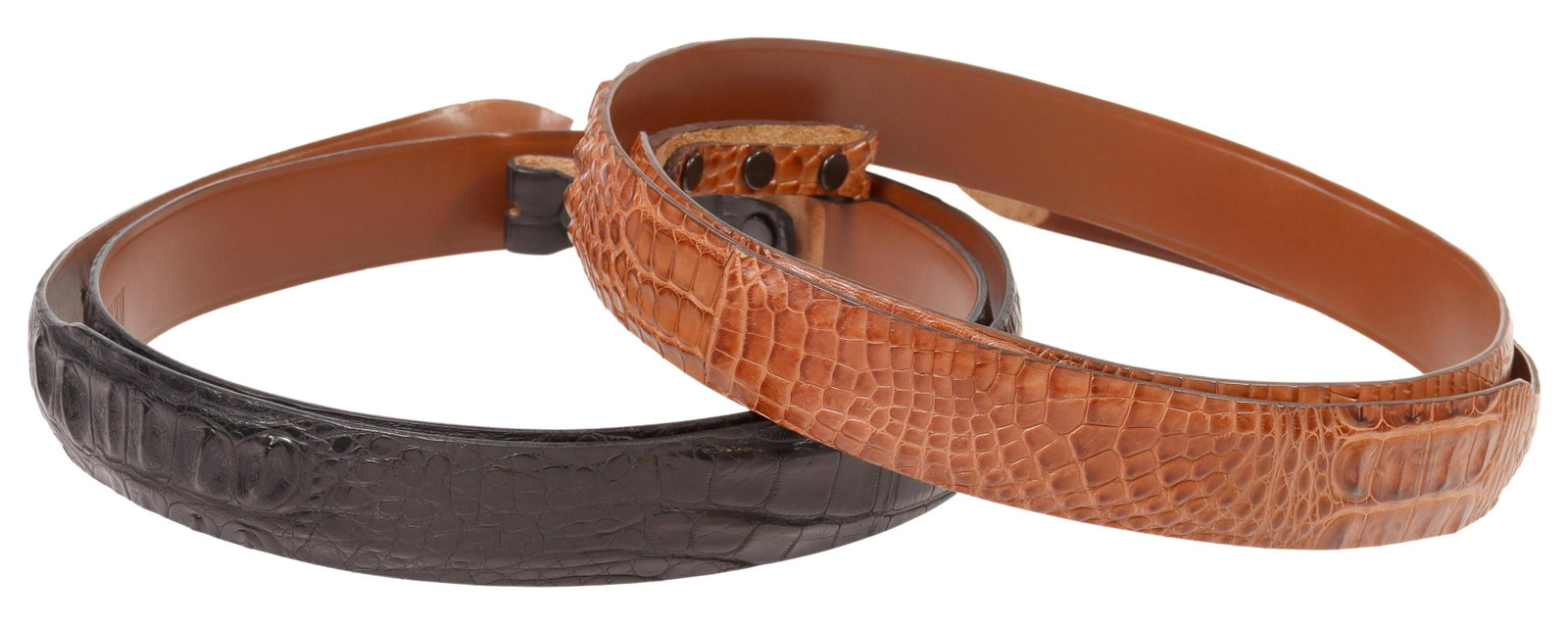 (2) GENTS REWARDS ALLIGATOR LEATHER RANGER BELTS: (lot of 2) Gents leather belts, designed to accommodate ranger buckle set, both alligator leather, retailed by Rewards, including: (1) black Hornback alligator, marked size 54; (1) brown, tip unfinish