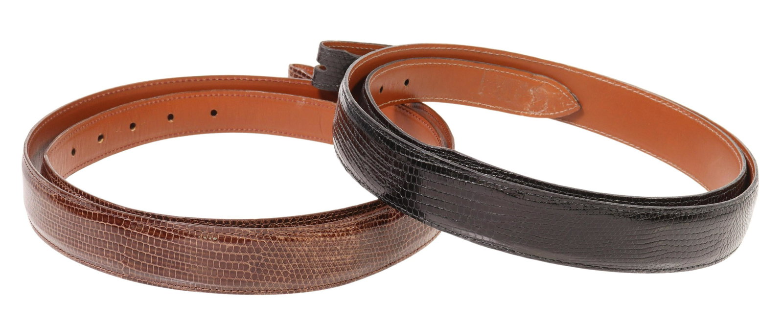 (2) GENTS REWARDS LIZARD LEATHER RANGER BELTS: (lot of 2) Gents leather belts, designed to accommodate ranger buckle set, both lizard leather, retailed by Rewards, including: (1) black, marked size 48; (1) brown, marked size 48; 0.5lbs total Start