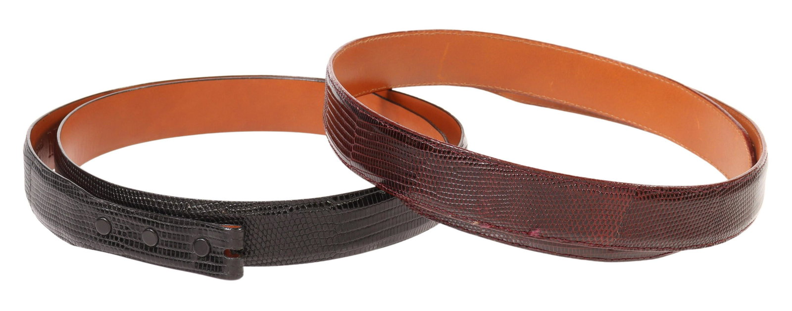 (2) GENTS REWARDS LIZARD LEATHER RANGER BELTS: (lot of 2) Gents leather belts, designed to accommodate ranger buckle set, both lizard leather, retailed by Rewards, including: (1) black, marked size 44; (1) brown, marked size 41, handwritten 'long'