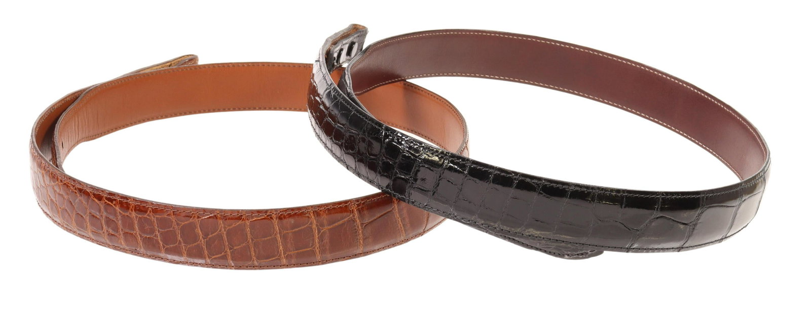 (2) GENTS ALLIGATOR LEATHER RANGER BELTS: (lot of 2) Gents leather belts, designed to accommodate ranger buckle set, both likely alligator leather, including: (1) black, approx 1.25"w, 35"l (to first hole), 39"l (to last hole); (1) brown, app