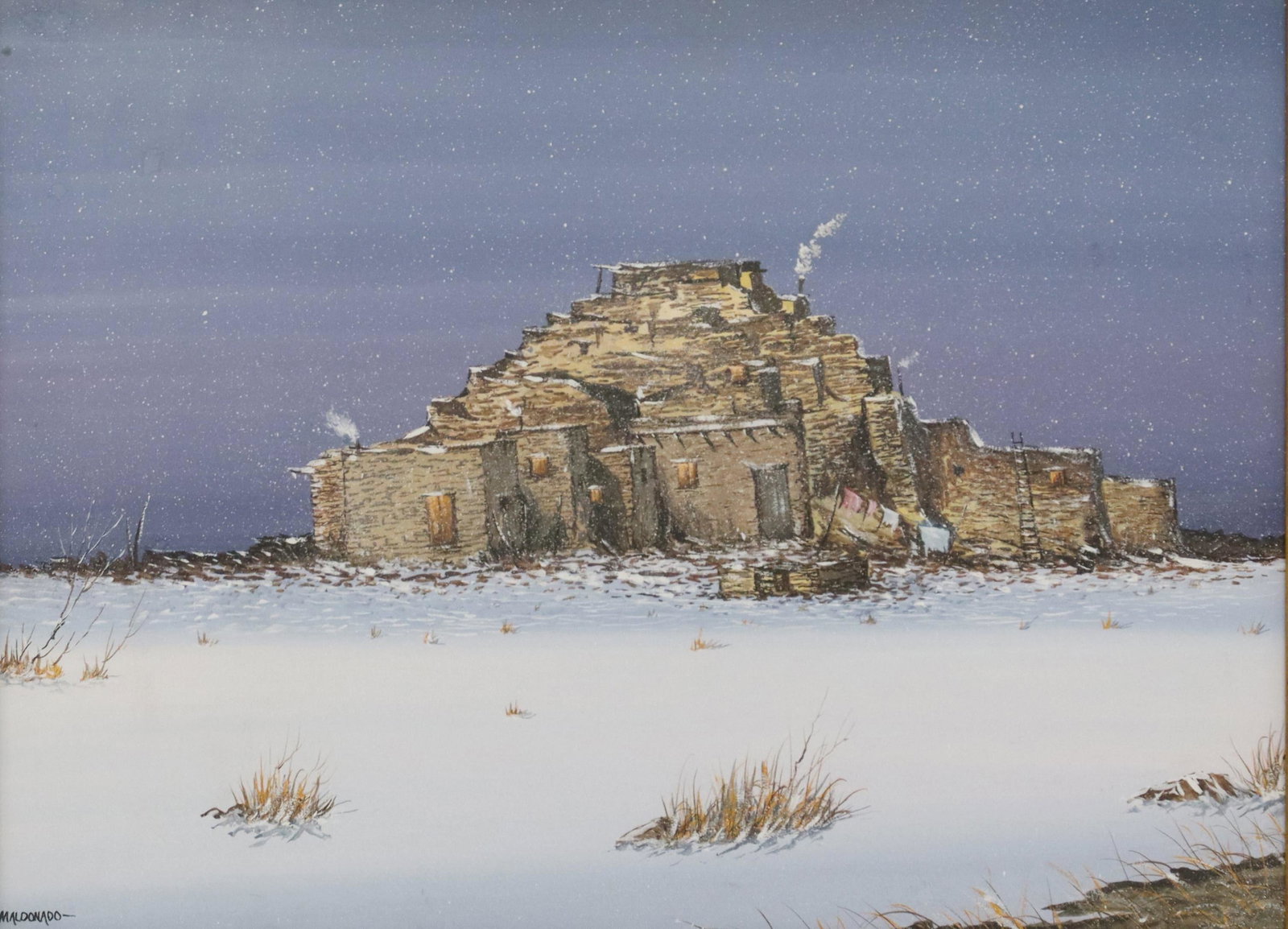 DANIEL MALDONADO (TX, 1940-2019) NEW MEXICO WINTER: Framed watercolor and gouache painting on board, New Mexico Winter, signed lower left Maldonado (Daniel Maldonado, Texas, 1940-2019), sight: approx 16.75"h, 22.75"w, overall: 22.75"h, 28.75"w, 7.75lbs