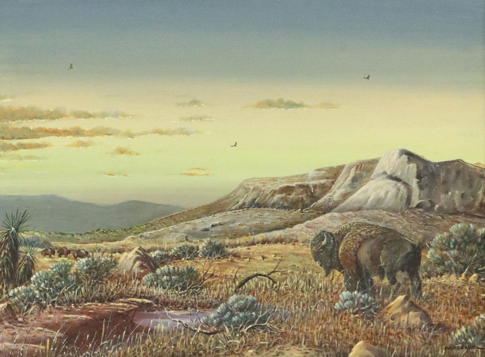 DANIEL MALDONADO (D.2019) PAINTING BISON LANDSCAPE: Framed oil on canvas painting, Bison Landscape, signed lower right Maldonado (Daniel Maldonado, Texas, 1940-2019), sight: approx 17"h, 23"w, overall: approx 26"h, 32"w, 4lbs Start Price: $150.00