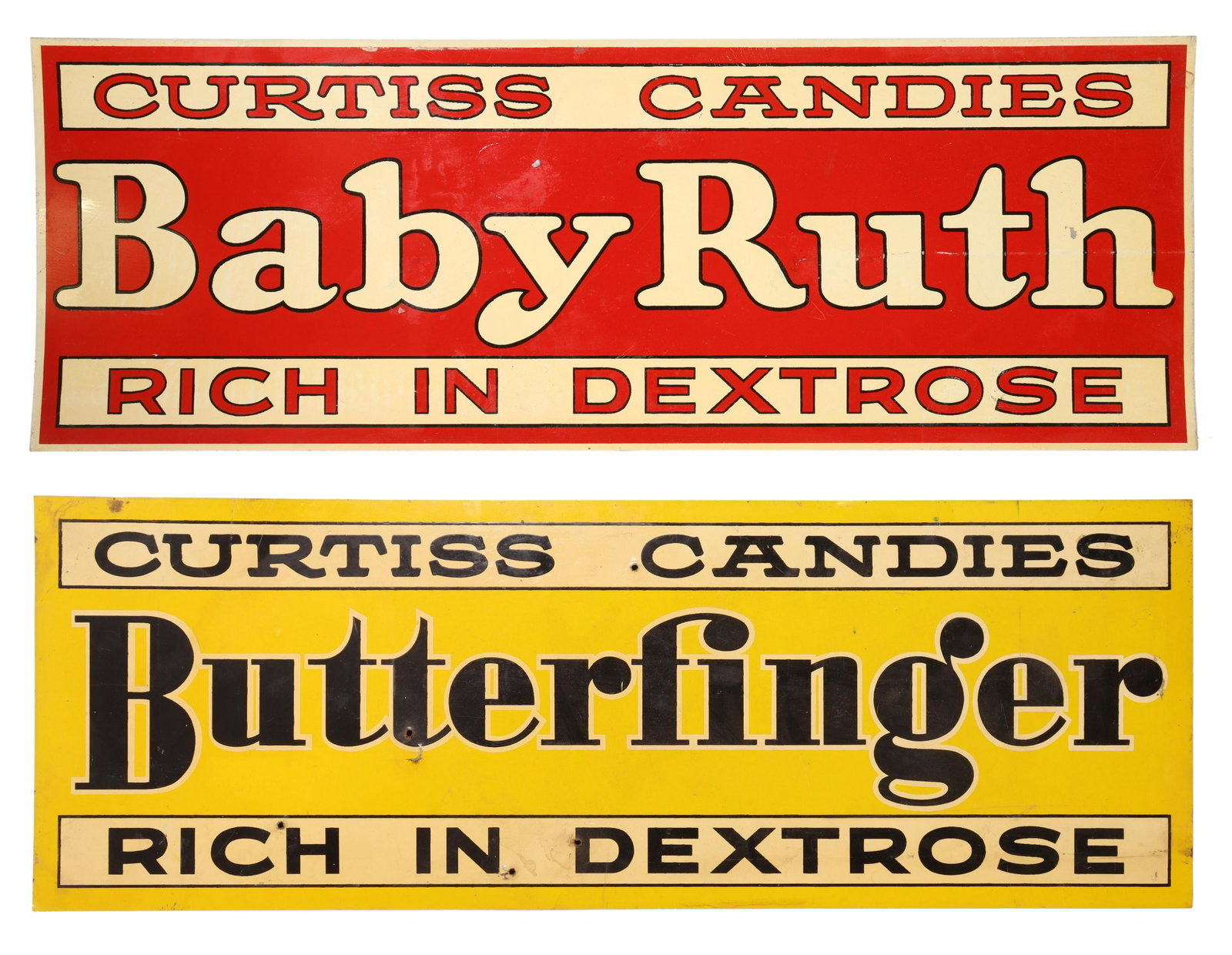 (2) VINTAGE CURTISS CANDIES ENAMELED SIGNS: (lot of 2) Vintage Curtiss Candies enameled metal advertisement signs, comprising: (1) red "Baby Ruth," (1) yellow "Butterfinger," each: approx 10"h, 28"w Start Price: $50.00