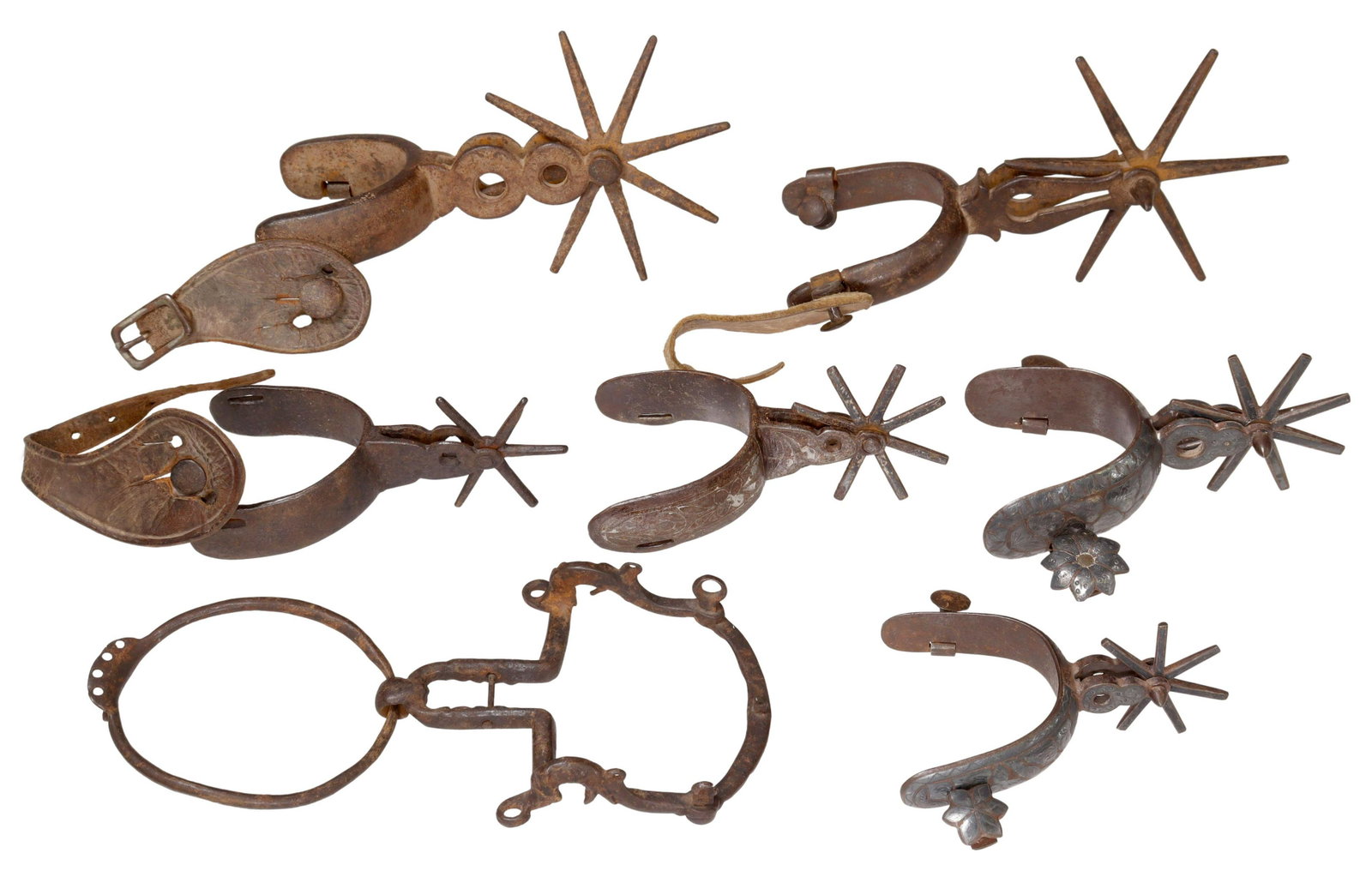 (7) SINGLE WESTERN COWBOY SPURS & HORSE BIT MEXICO: (lot of 7) Western cowboy spurs and horse bit, Mexico, including: (6) individual spurs, varied sizes and designs, some with worn brown leather strap, largest rowel: approx 5"l, largest yoke: approx 3.