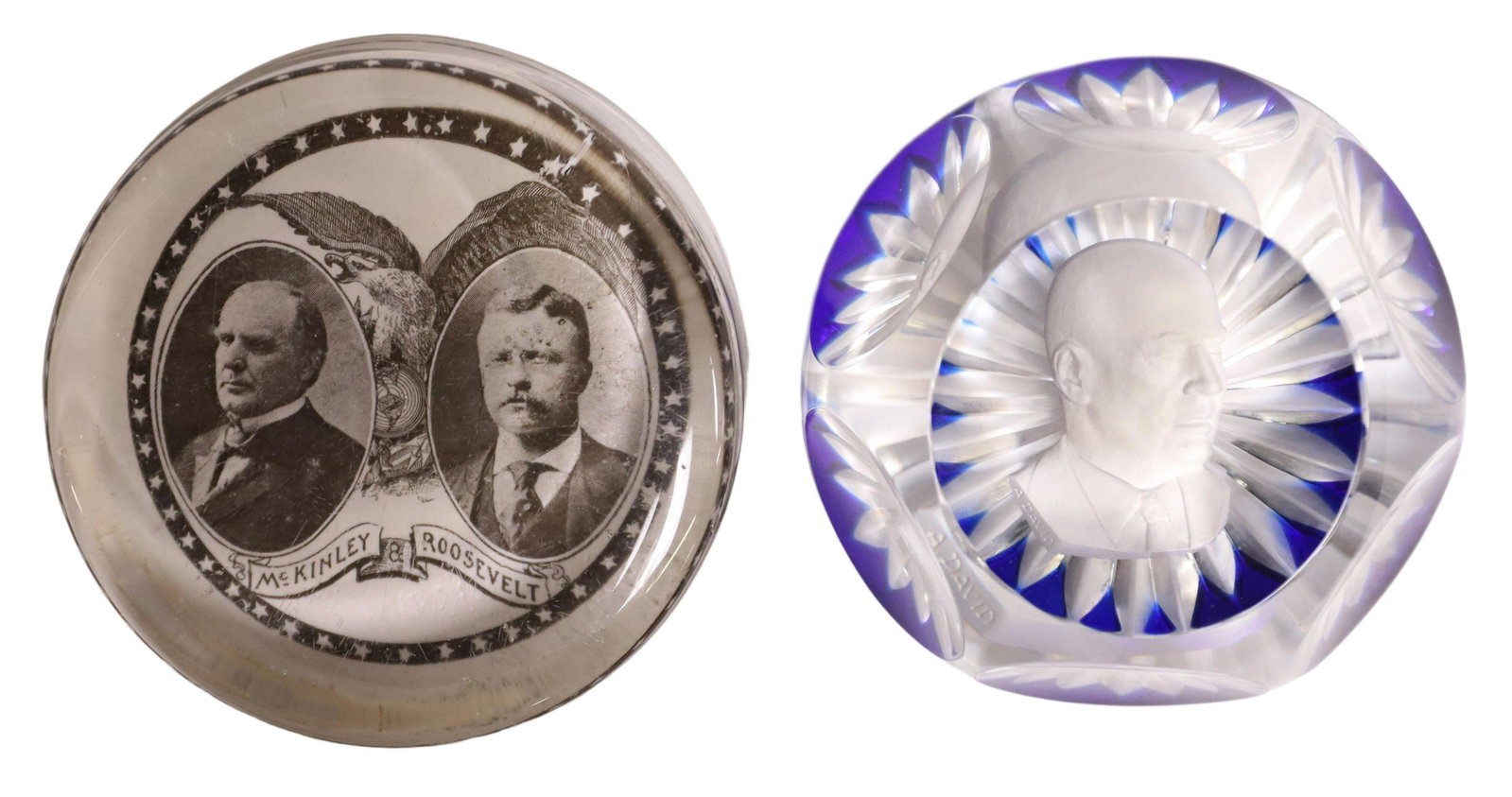 2) McKINLEY ROOSEVELT JUGATE, RAYBURN PAPERWEIGHTS: (lot of 2) Political paperweights, including: (1) printed McKinley Roosevelt jugate, approx 1"h, 3"diam, (1) Baccarat sulphide paperweight, portrait of 43rd speaker of the United States House of Repre