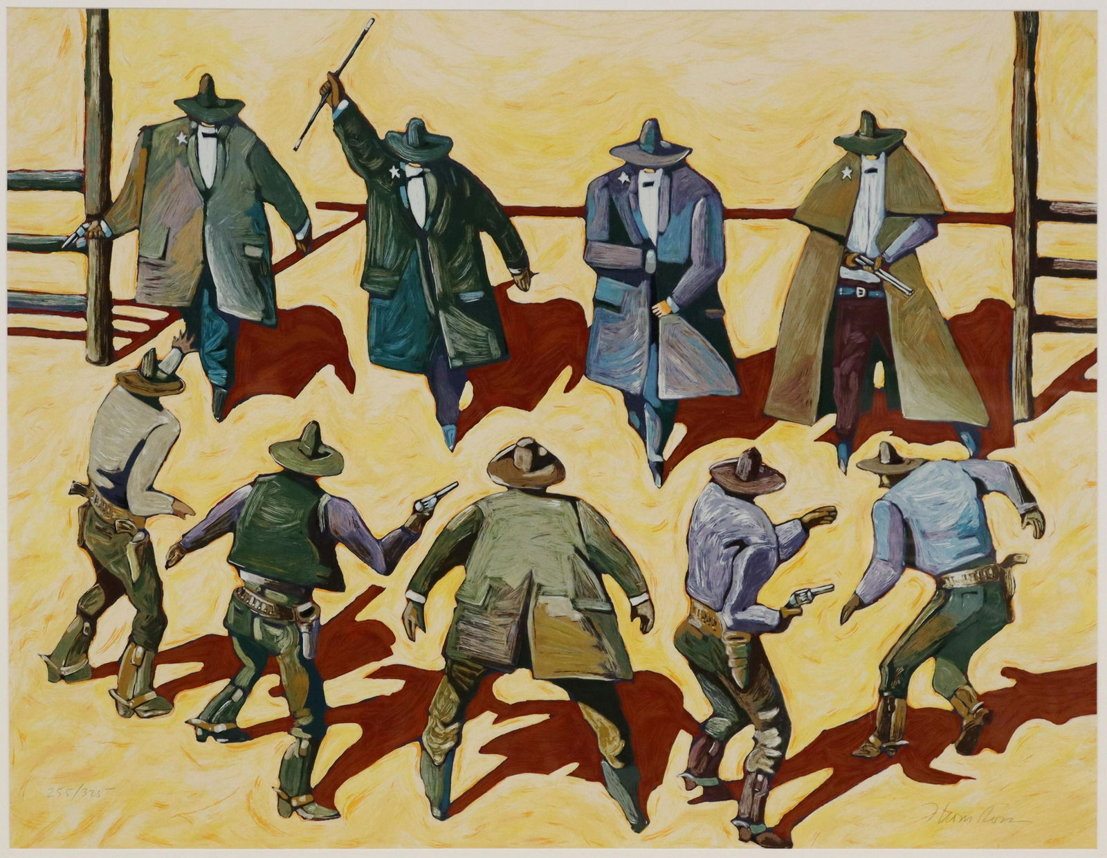 THOM ROSS (B.1952) SERIGRAPH GUNFIGHT O.K. CORRAL: Framed serigraph on paper, "Gunfight at the O.K. Corral," signed lower right Thom Ross (American, b.1952), numbered 255/ 325, sight: approx 30"h, 39"w, overall: 41.5"h, 50"w, 17.5lbs Start Price: $300