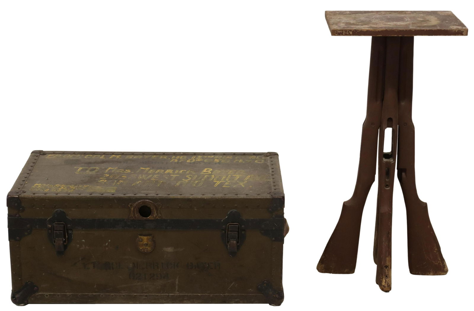 (2) WWII AIR FORCE TRUNK & SHOTGUN-FORM TABLE: (lot of 2) Western and military furniture, including: (1) American WWII military trunk, belonging to Colonel Merrick Bayer (Air Force, 1914-1996), riveted metal case, with leather side handles, openin