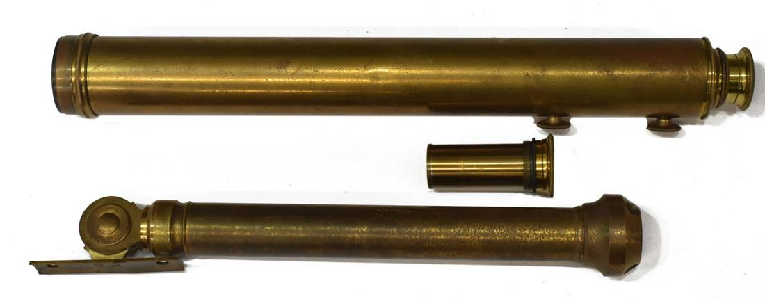 FRENCH E. VION SELSI BRASS CASED TELESCOPE & MOUNT: French brass four-draw telescope, E. Vion, Paris, for Selsi Optics, housed in dovetailed wood case, first draw marked France, accompanied by additional eyepiece lens unit and 13.5" brass wall bracket,