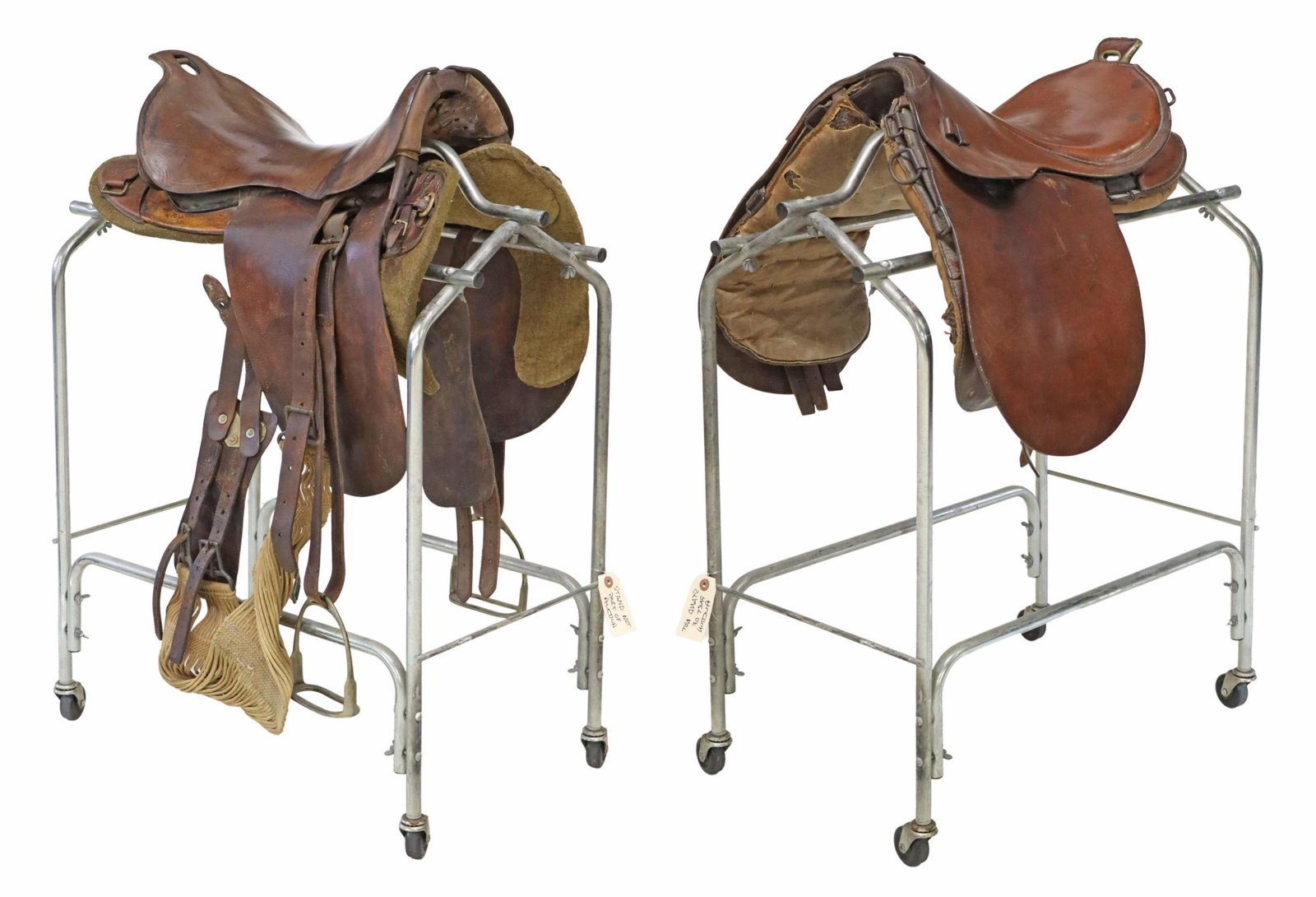 (2) BRITISH WWI ERA LEATHER MILITARY SADDLES: (lot of 2) British WWI era leather military saddles, including: (1) stamped Dawle & Son, 1914, Blackfriars Rd., wood frame, steel stirrups marked "Made in England," approx 16" seat; (1) saddle with wo