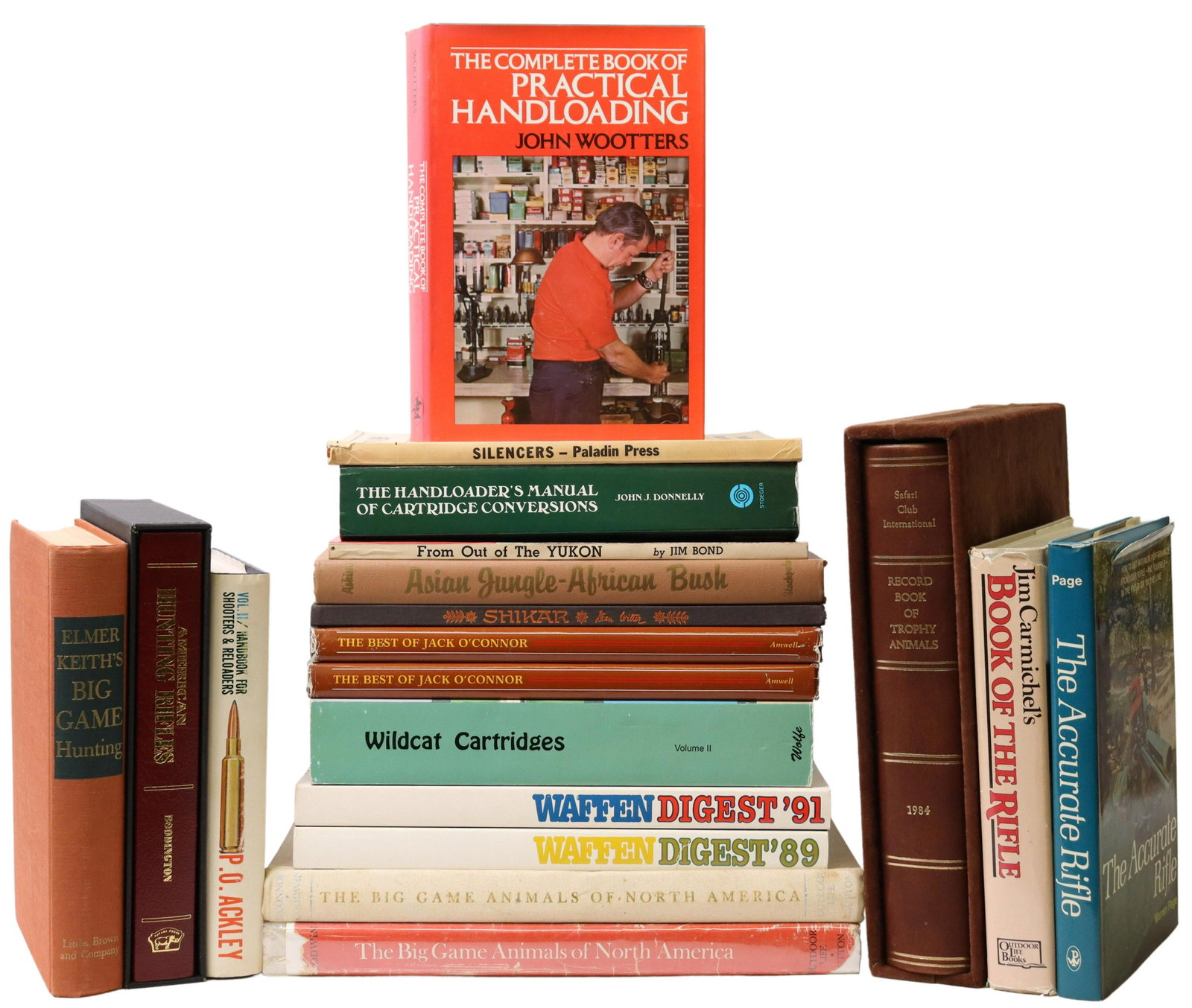 (19) BOOKS: FIREARMS, BIG-GAME HUNTING, SCARCE: (lot of 19) Books, including: (1) "Handbook for Shooters and Reloaders," volume II, Parker O. Ackley, 1975, (1) "Asian Jungle - African Bush," Colonel Charles Askins, copyright 1959, (1) "American Hun