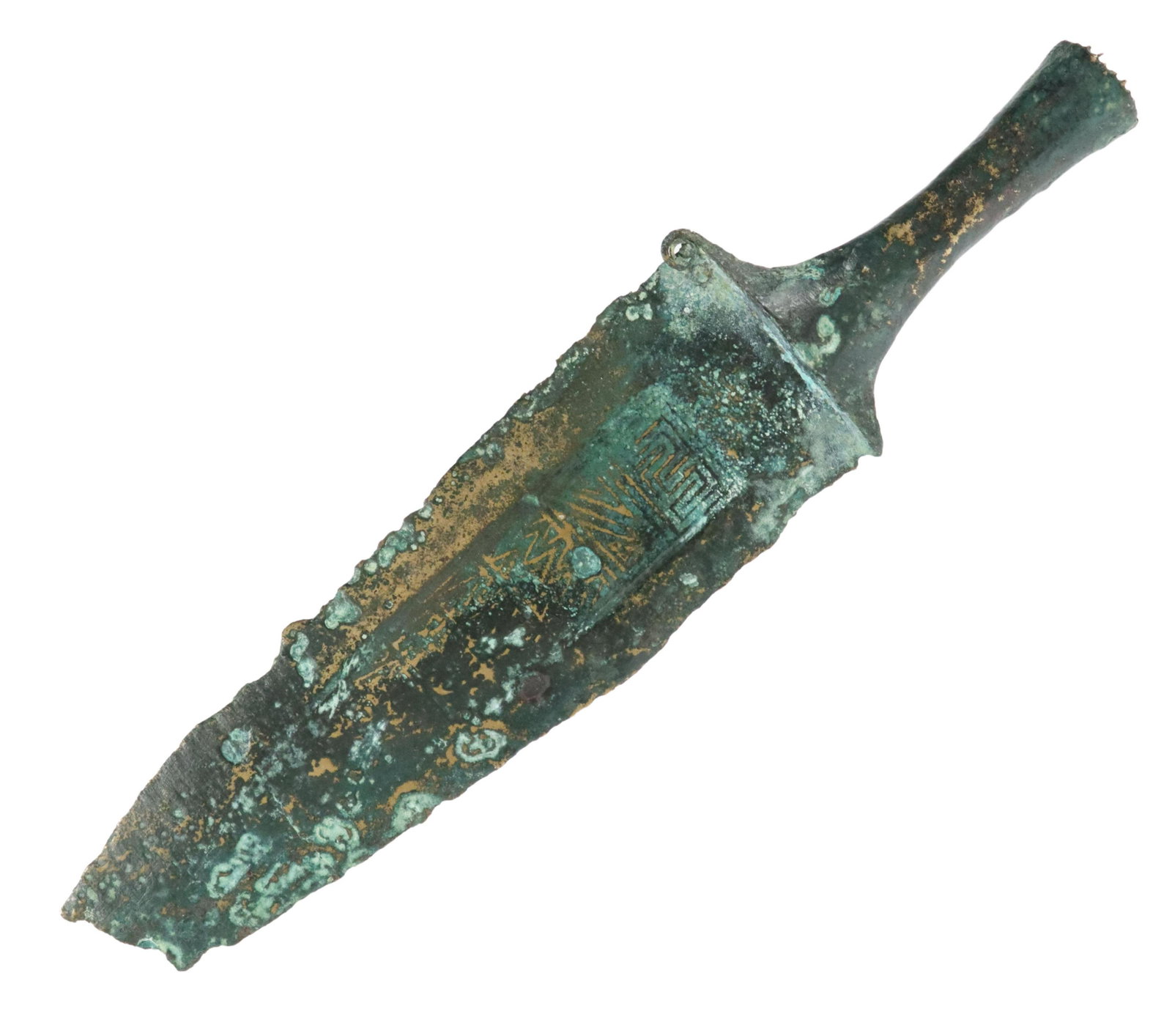 VERDE PATINATED COPPER SPEAR POINT: Spear point, in the manner of archaic copper spear points found worldwide including North America, authenticity and age of this example are unknown, verde patination and decorated at each side, the po