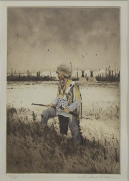 MICHAEL COLEMAN (B.1946) NATIVE AMERICAN ETCHING: Unframed aquatint etching on paper, Blackfoot with Rifle, signed lower right Michael Coleman (Utah, b.1946), numbered 23/ 35, sight: approx 9.5"h, 6.75"w, mat: approx 17.75"h, 15.75"w, 0.75lbs Start P