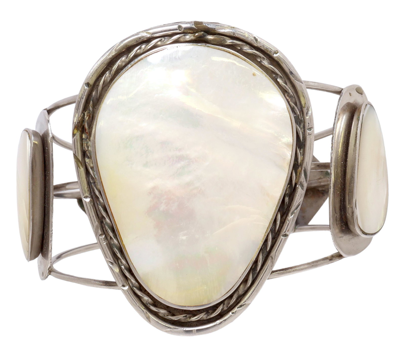 SOUTHWEST SILVER-TONE MOTHER PEARL CUFF BRACELET: Southwest style silver-tone metal cuff bracelet, having three inset mother of pearls, central plaque with rope surround, on openwork cuff, plaque: approx 2.25"w, interior: approx 5.5"l, gap: approx 1.