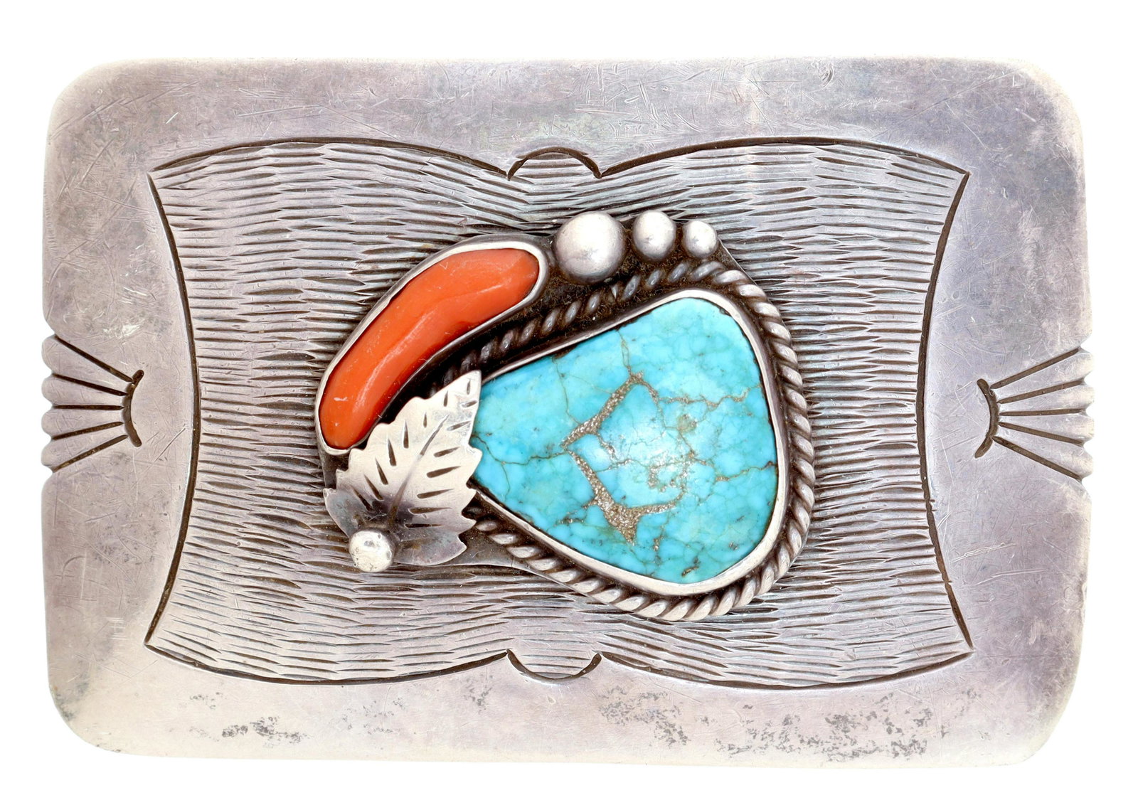 ROY VANDEVER (D.2009) NAVAJO SILVER BELT BUCKLE: Native American silver (content unknown) belt buckle, Roy Vandever (Navajo/ Dine, 1936-2009) bezel-set turquoise and red coral, approx 3"l, 2"w, 54.3 grams (inclusive of all materials) Start Price: $8