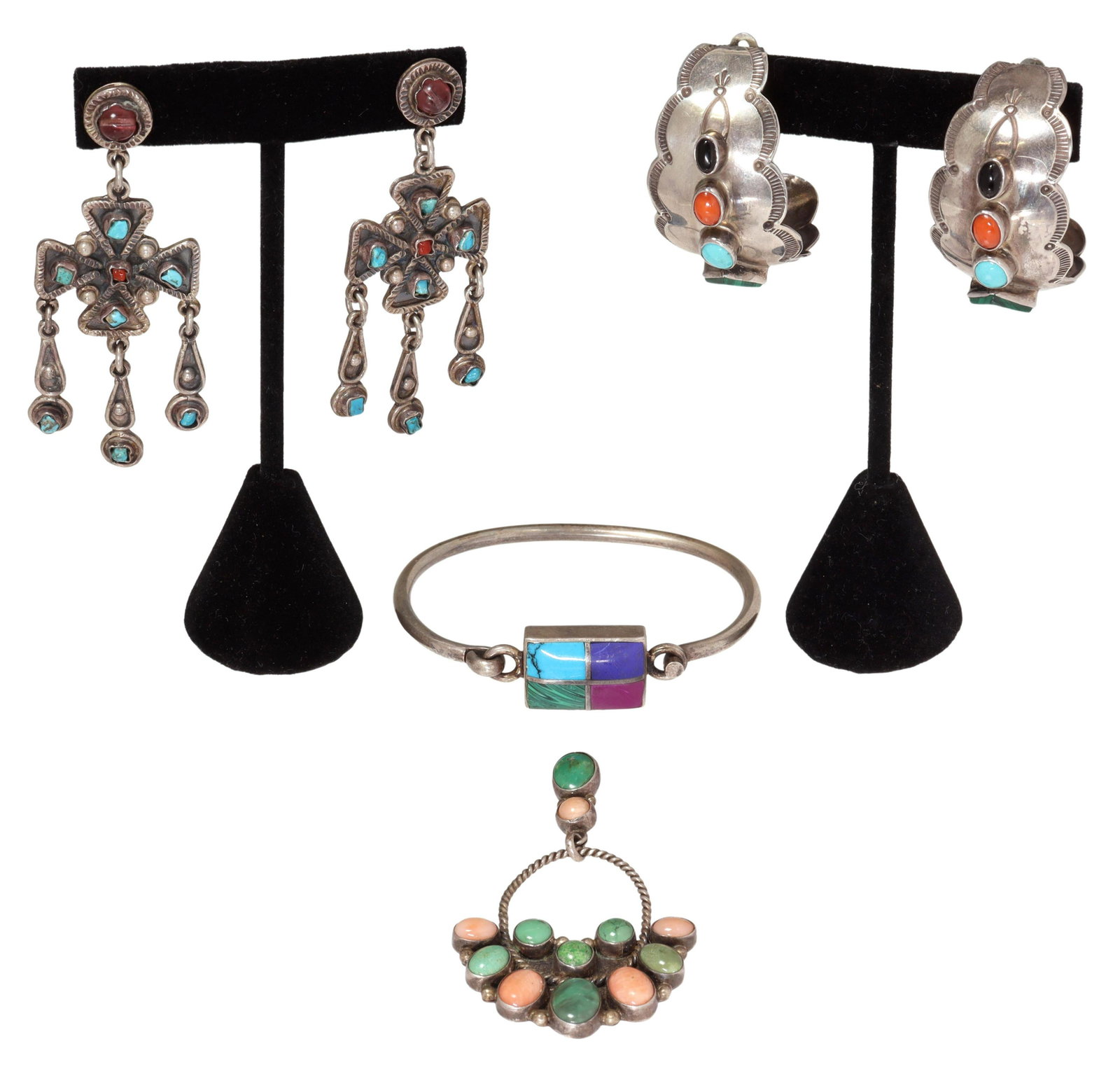 (4) NATIVE AMERICAN & MEXICAN SILVER JEWELRY: (lot of 4) Silver jewelry, including: (pair) sterling silver earrings,Taxco, Mexico, in the manner of Matilde Poulat (d.1960), post backs, approx 3"l, 1"w, (pair) silver (content unknown) clip-on earr