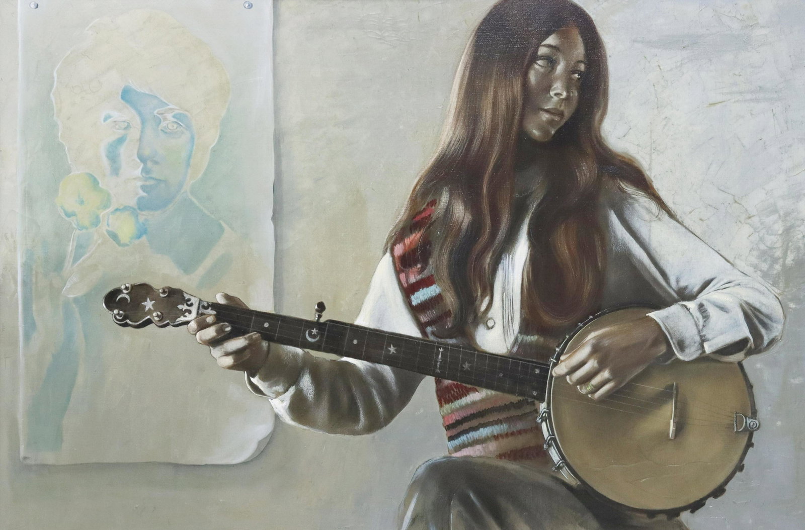 ROBERTO LUPETTI (D.1997) PAINTING GIRL WITH BANJO: Framed oil on canvas painting, Girl with Banjo, attributed to Roberto Lupetti (Italy/ California, 1918-1997), unsigned, sight: approx 23.5"h, 35.5"w, overall: approx 32.5"h, 44.5"w, 8.2lbs Start Price