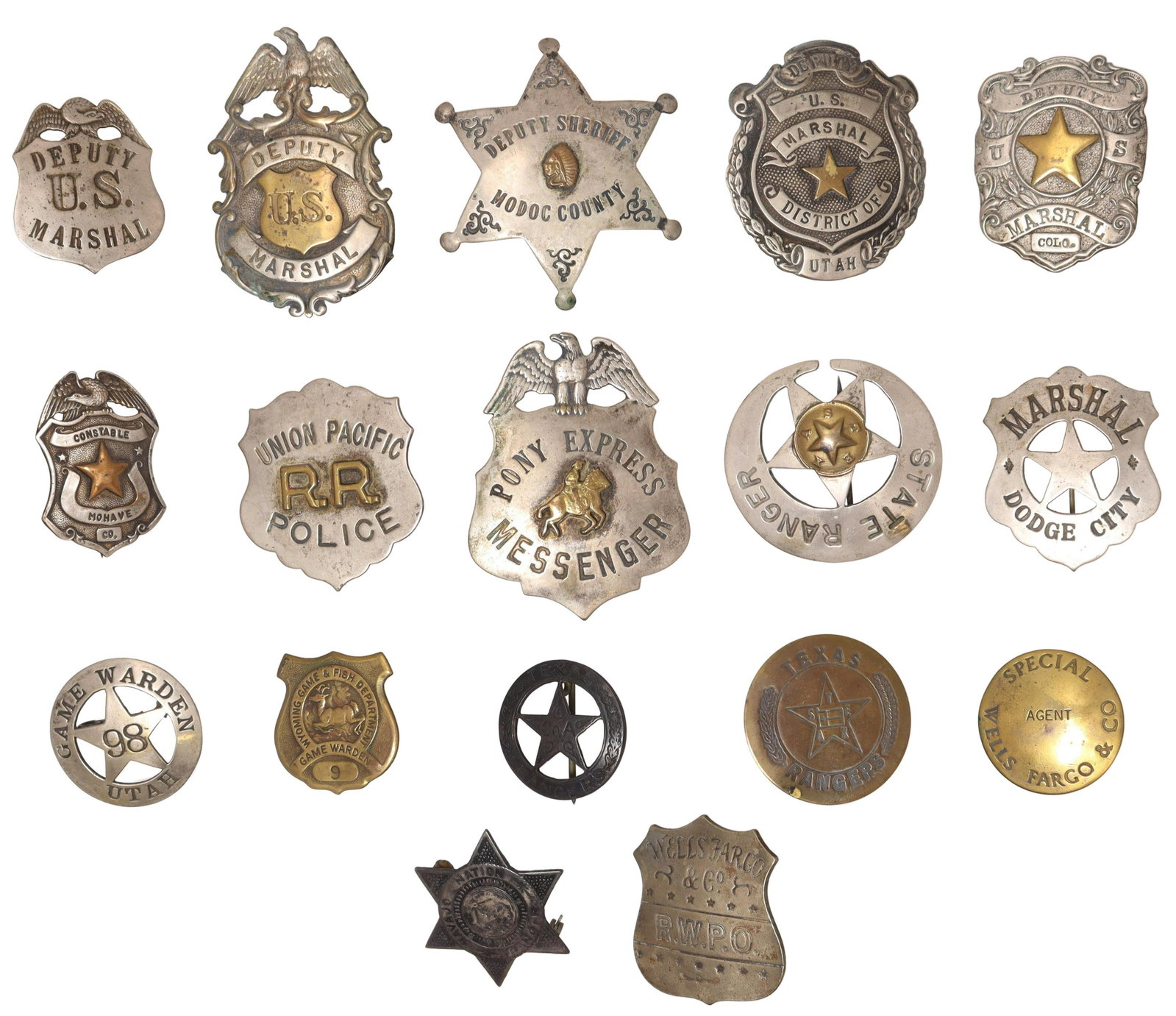 (17) ANTIQUE REPLICA LAW ENFORCEMENT BADGES: (lot of 17) Antique replica law enforcement badges, in varied sizes and metals, including Pony Express Messenger, Deputy U.S. Marshal, Wells Fargo badges, Game Warden badges, and others, largest: appr