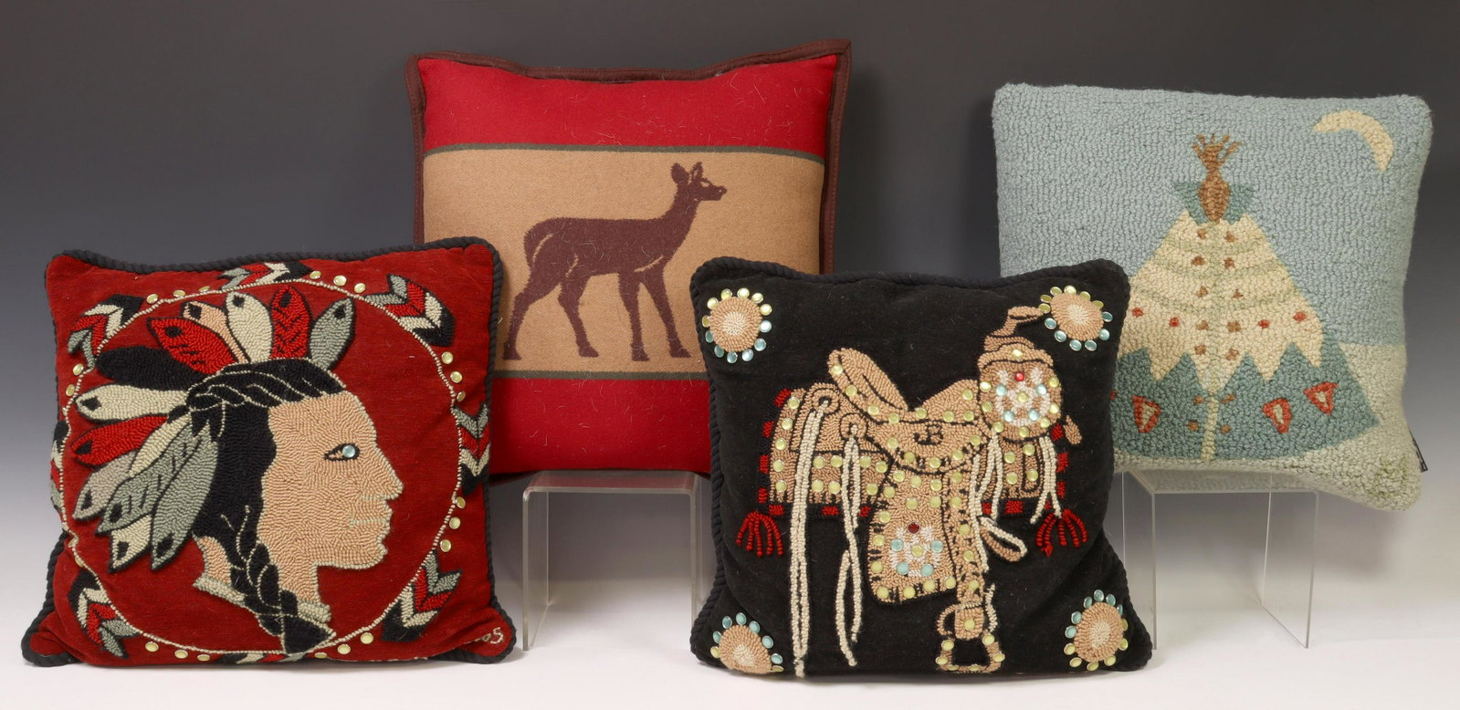 (4) DECOR THROW PILLOWS, JUDI BOISSON & PENDLETON: (lot of 4) Decorative throw pillows, including: (2) Judi Boisson American Home Collection, Southampton, New York, each with hand-hooked designs, applied beads, twisted rope trim, (one) depicting Nativ