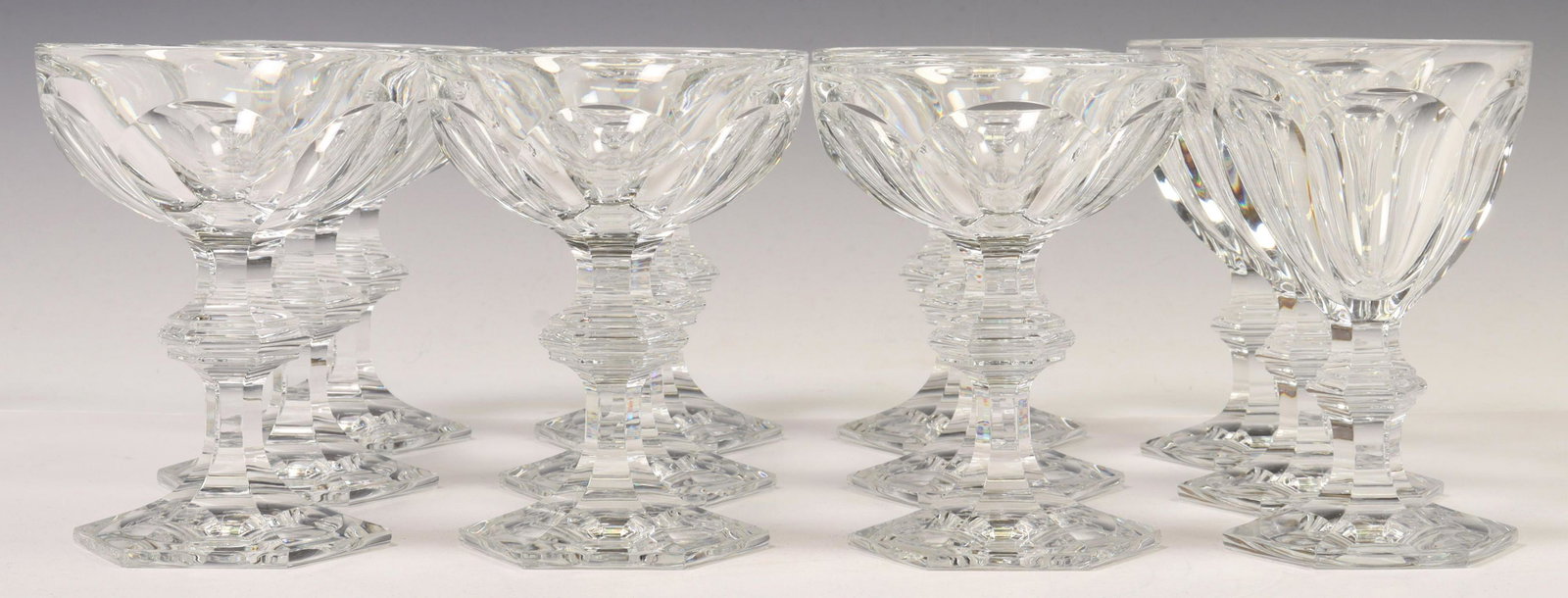 12) BACCARAT HARCOURT-VERSAILLES CHAMPAGNE, CLARET: (lot of 12) French cut crystal stemware, Baccarat, in the "Harcourt-Versailles" pattern, paneled bowl, on a knopped stem, hexagonal foot, acid-etched mark, including: (3) claret wine glasses, approx 5