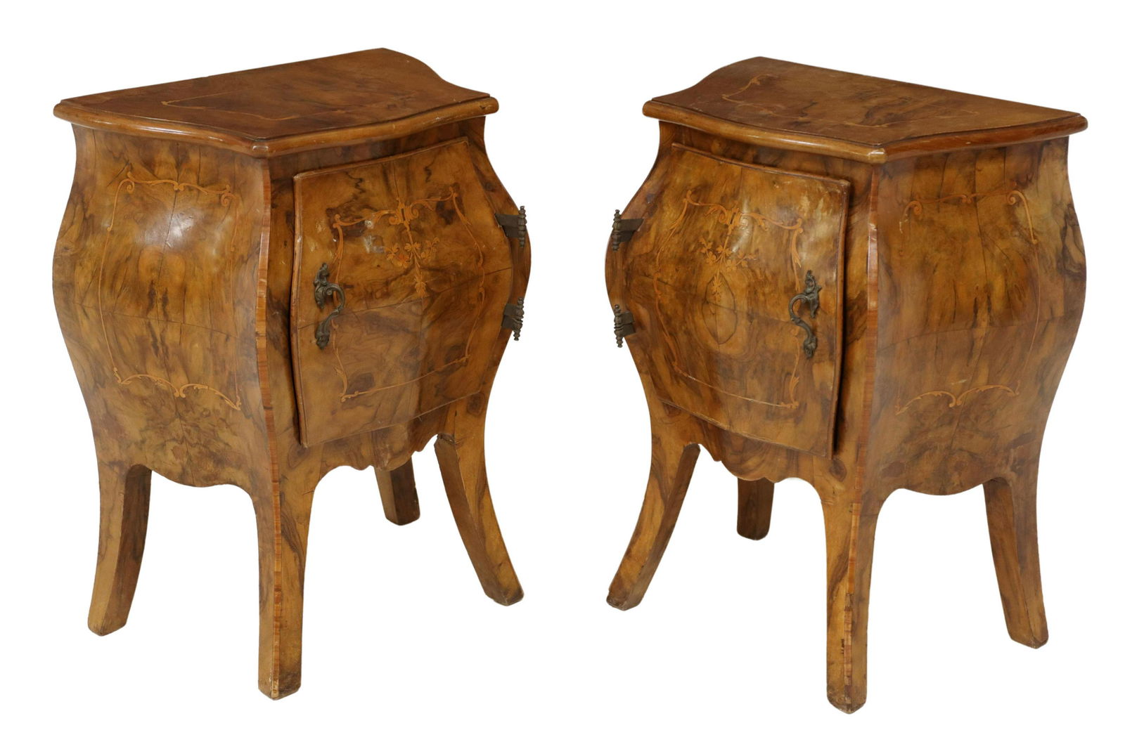 (2) ITALIAN INLAID BURLWOOD BOMBE NIGHTSTANDS (1 of 5)