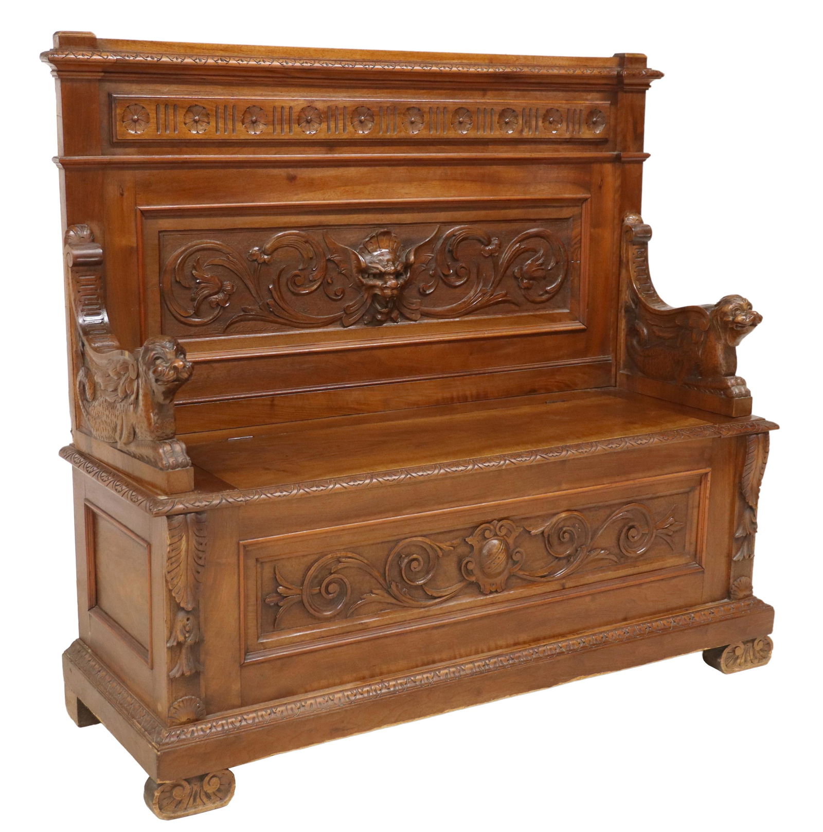 RENAISSANCE REVIVAL CARVED WALNUT HALL BENCH (1 of 5)