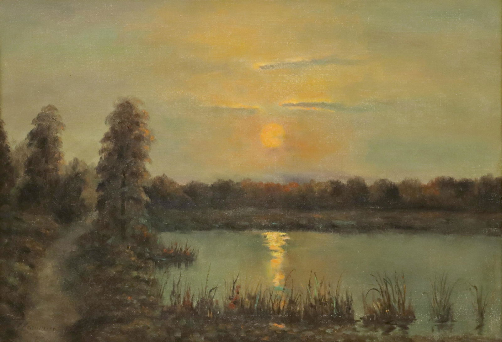 SIGNED OIL PAINTING SUNSET OVER FOREST LAKE (1 of 4)