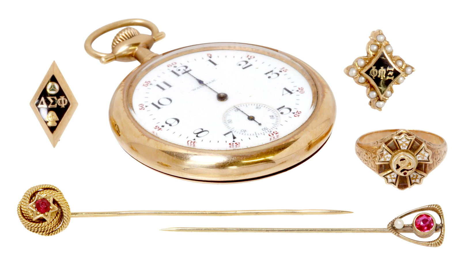 6) ESTATE JEWELRY RING, PINS, WALTHAM POCKET WATCH (1 of 10)