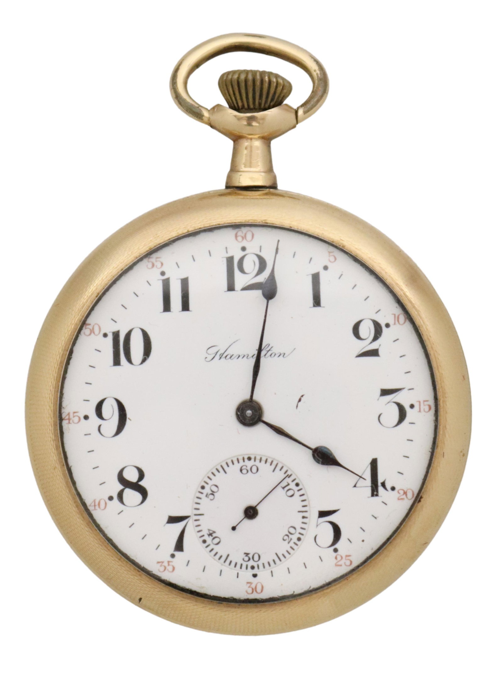 HAMILTON GOLD-FILLED OPENFACE POCKET WATCH: American openface pocket watch, Hamilton Watch Company, Lancaster, Pennsylvania, white enamel dial, Arabic numeral hour markers, seconds hand subdial, seventeen jewel movement, movement serial number 