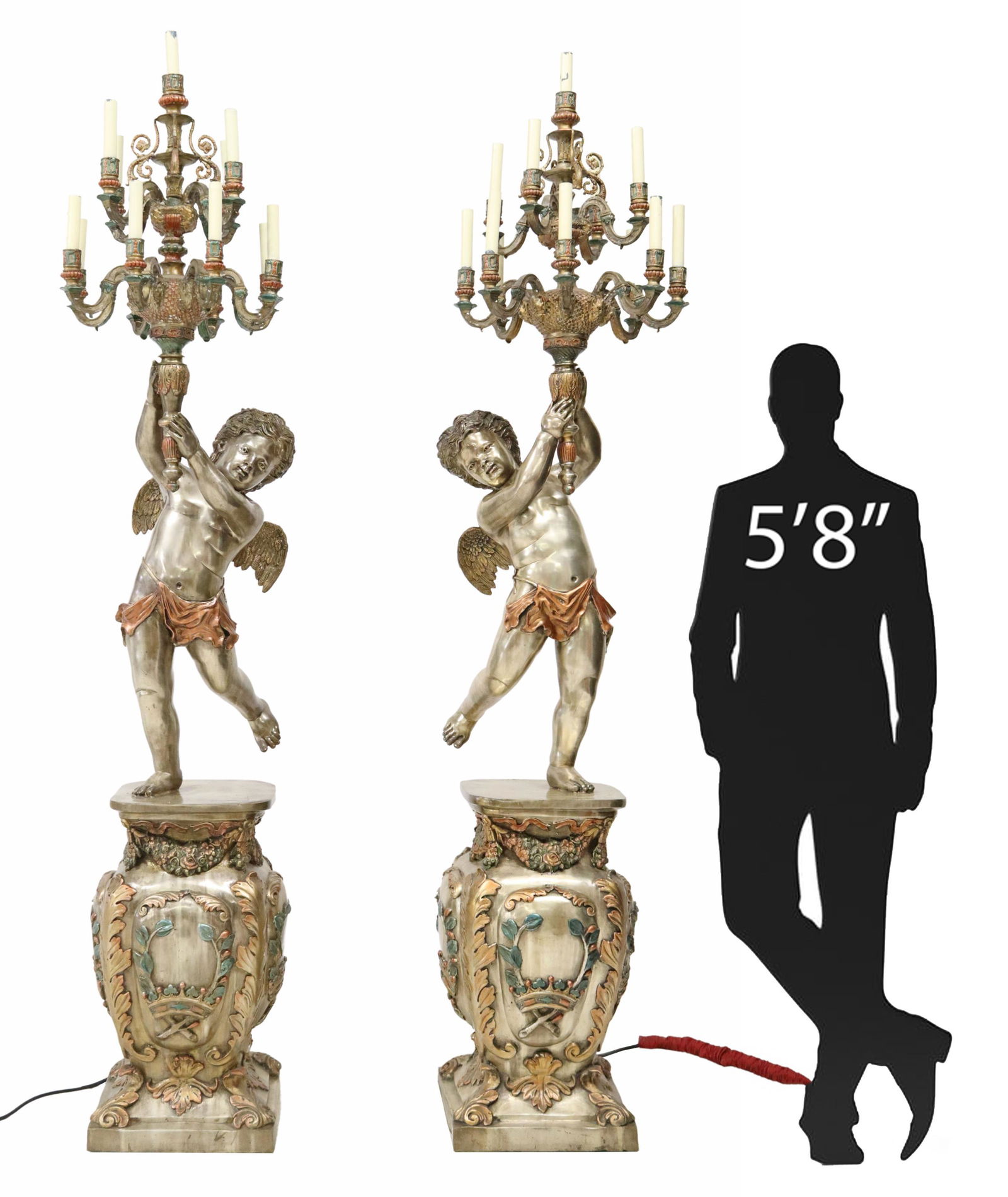 (2) MONUMENTAL SILVERED BRONZE CHERUB TORCHIERES (1 of 7)