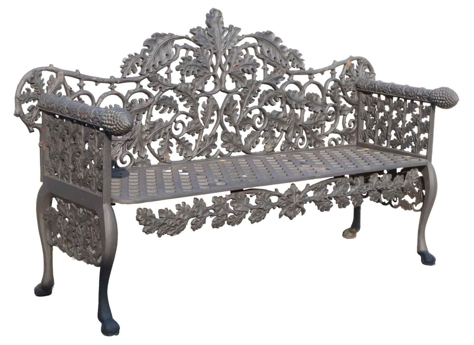 BLACK CAST IRON OAK & PINECONE GARDEN BENCH (1 of 3)