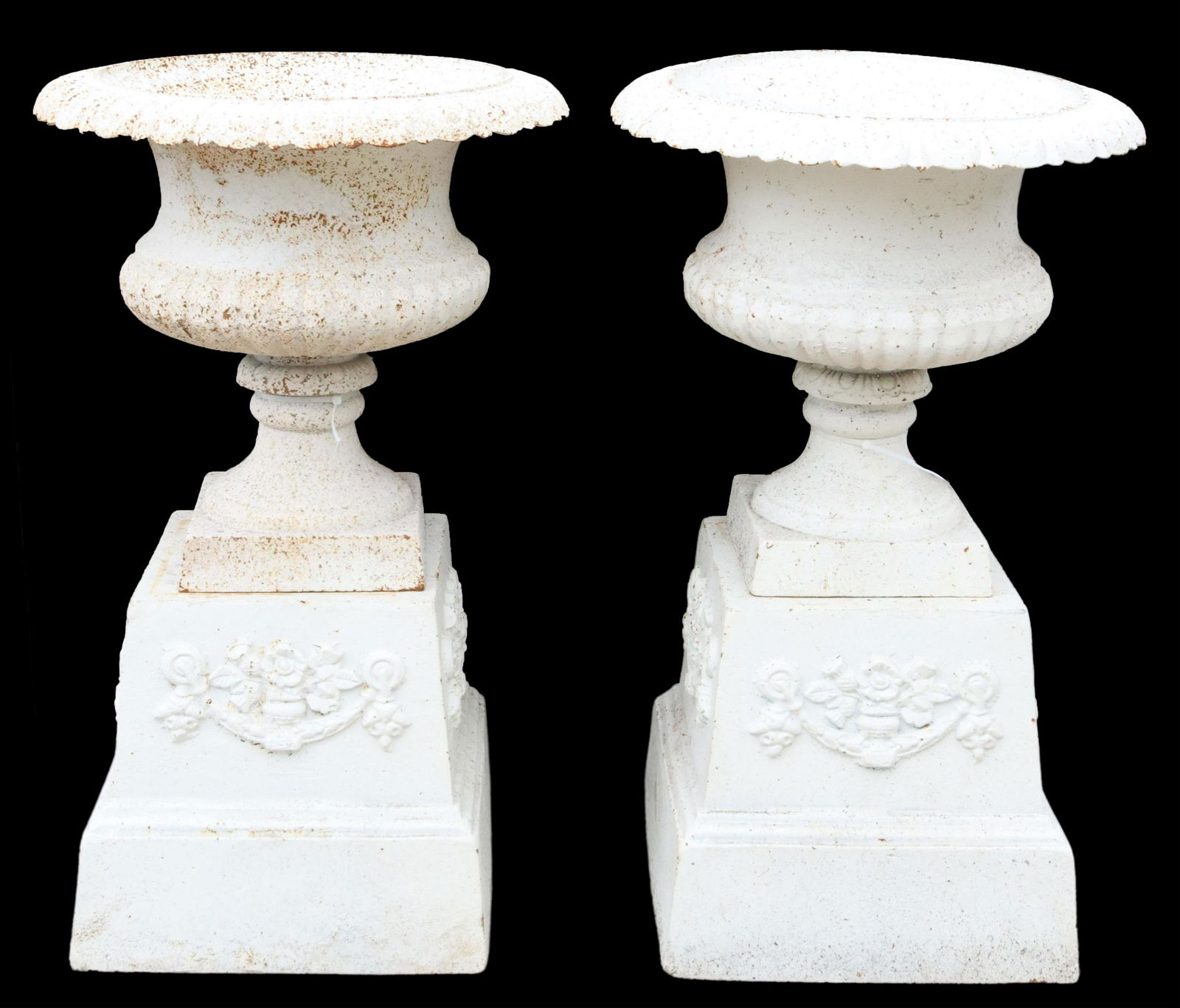(2) WHITE CAST IRON GARDEN URN PLANTERS ON STANDS (1 of 3)