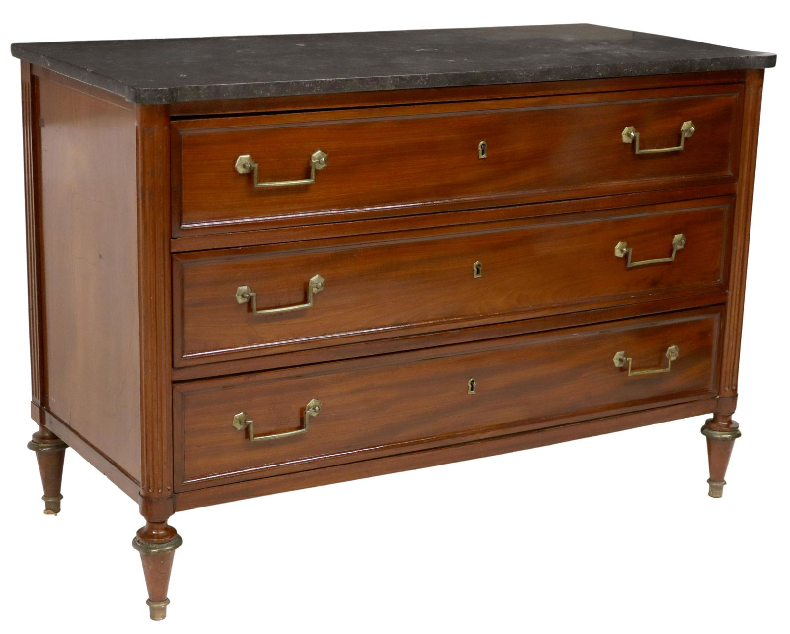 FRENCH LOUIS XVI PERIOD MAHOGANY MARBLE COMMODE: French Louis XVI period mahogany commode, 18th/ 19th c., having shaped marble top, over three drawers, flanked by fluted side supports, rising on tapered legs, approx 33 7/8"h, 49 5/8"w, 23"d Start Pr
