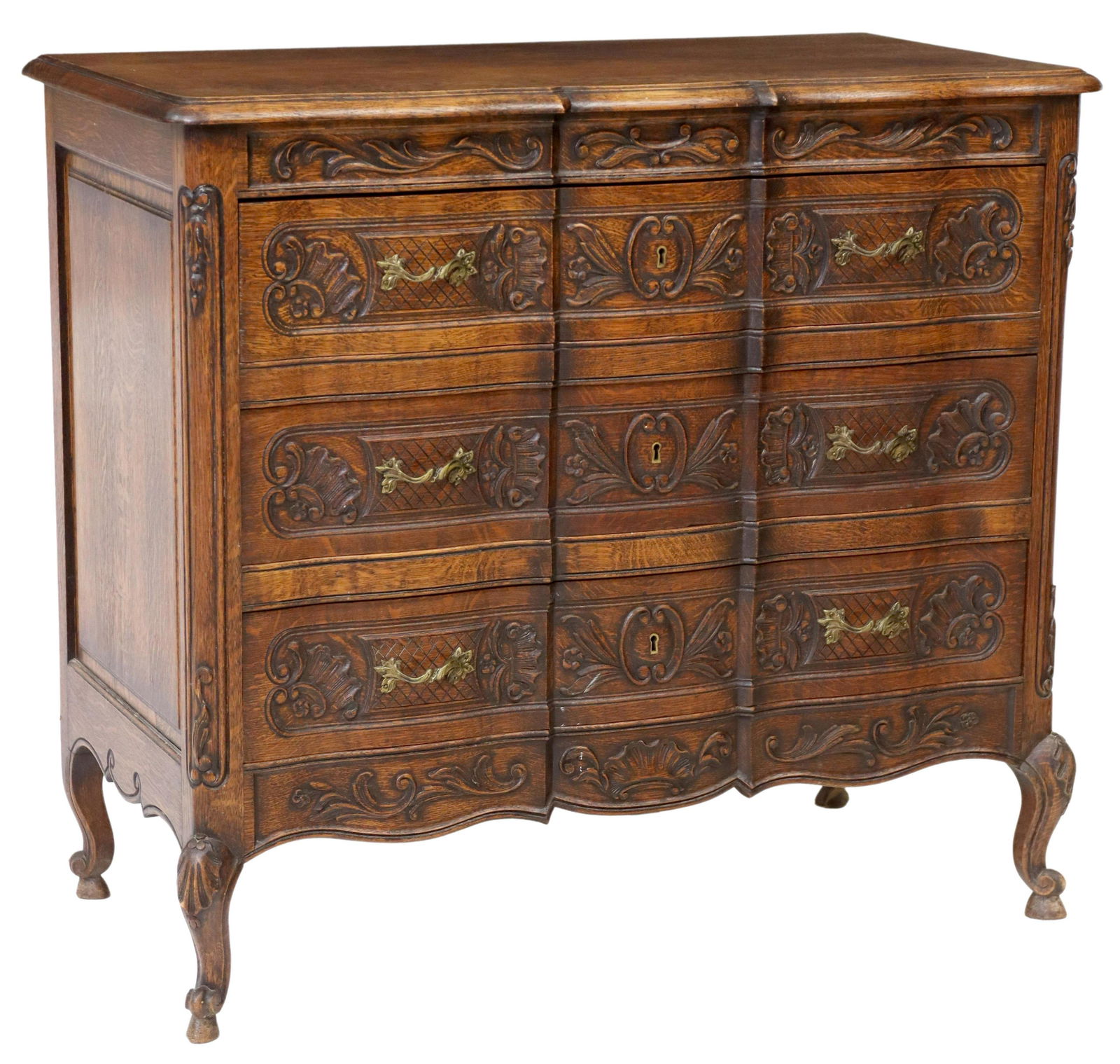 FRENCH LOUIS XV STYLE CARVED OAK COMMODE (1 of 5)