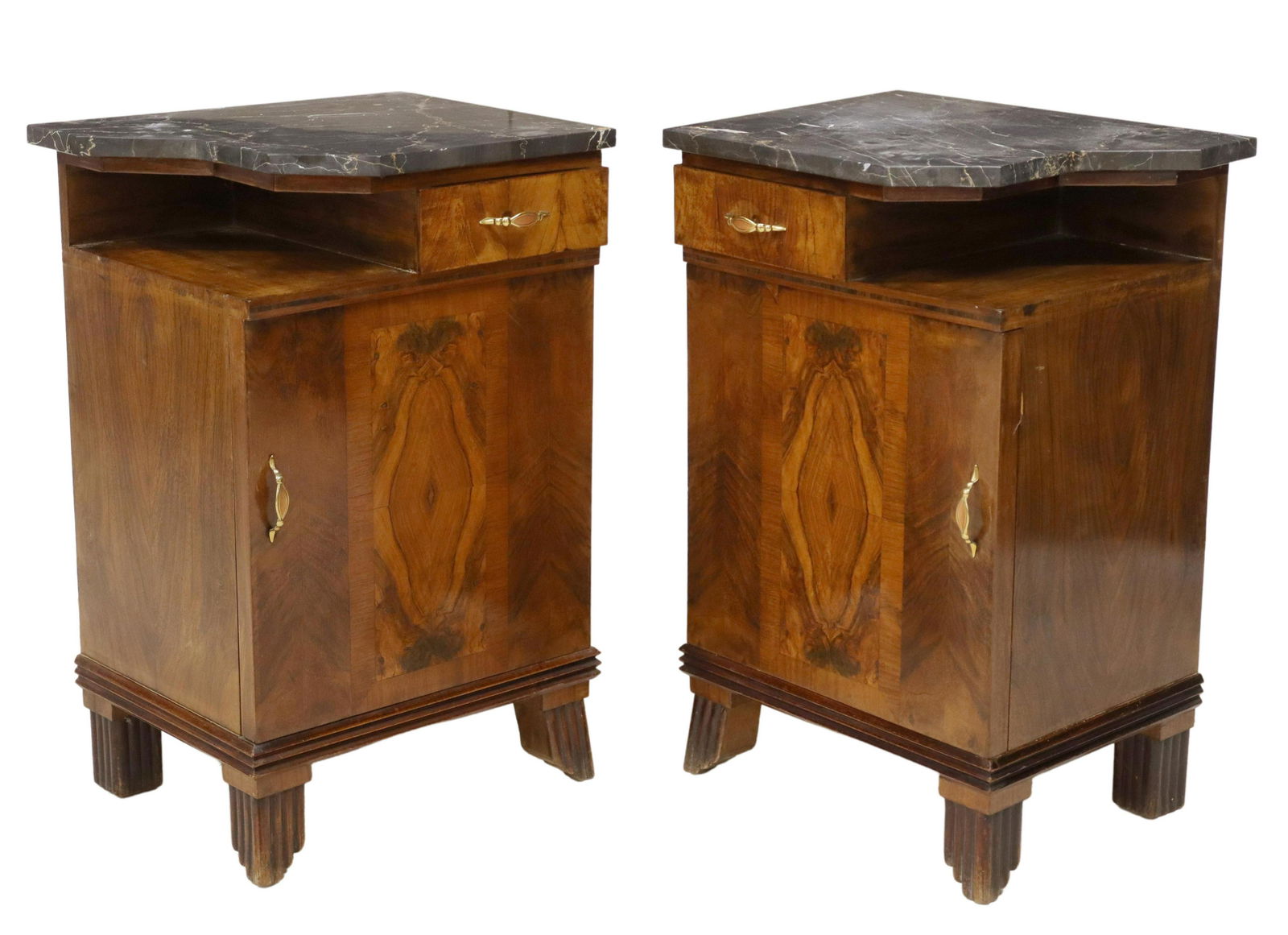 (2) ART DECO MARBLE-TOP FIGURED WALNUT NIGHTSTANDS (1 of 6)
