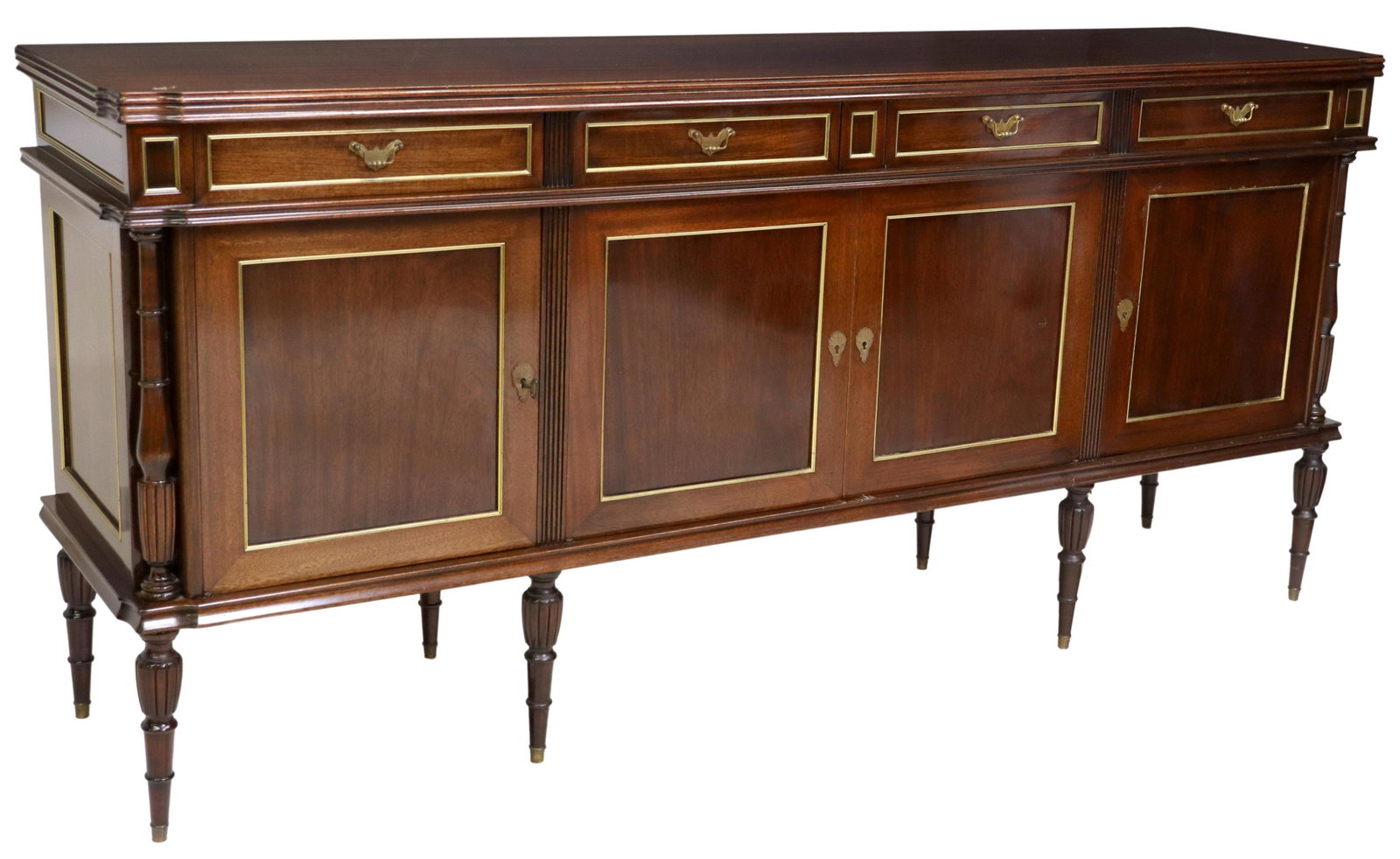FRENCH LOUIS XVI STYLE MAHOGANY SIDEBOARD: French Louis XVI style mahogany sideboard, 20th c., long rectangular case fitted with four drawers, over four cabinet doors, all with gilt metal trim, on tapering turned legs, approx 40"h, 86.5"l, 21"