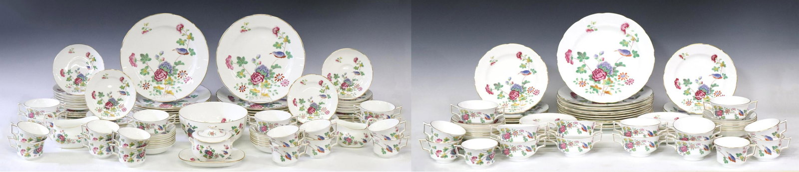(168) WEDGWOOD 'CUCKOO' BONE CHINA DINNER SERVICE: (lot of 168) English bone china partial dinner service, Wedgwood, in the "Cuckoo" pattern, for the Colonial Williamsburg Foundation, parcel gilt trim, each with maker's mark underfoot, including: (29)