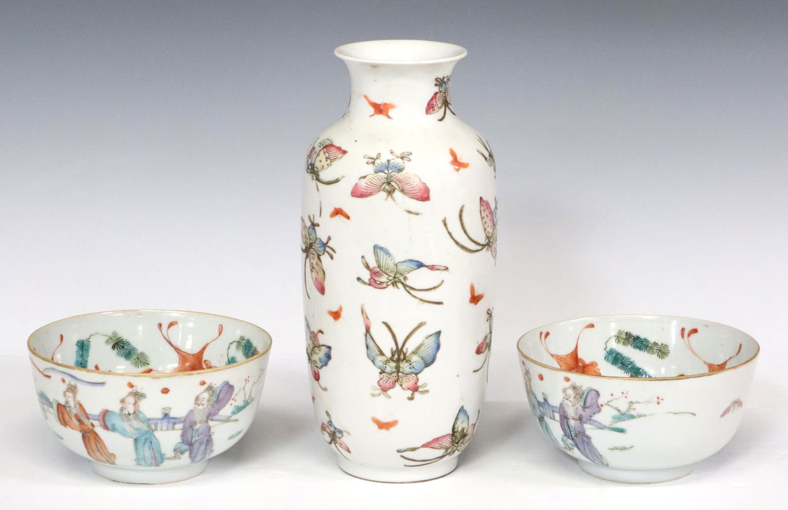 3) CHINESE ENAMEL PORCELAIN BOWLS & BUTTERFLY VASE (1 of 6)
