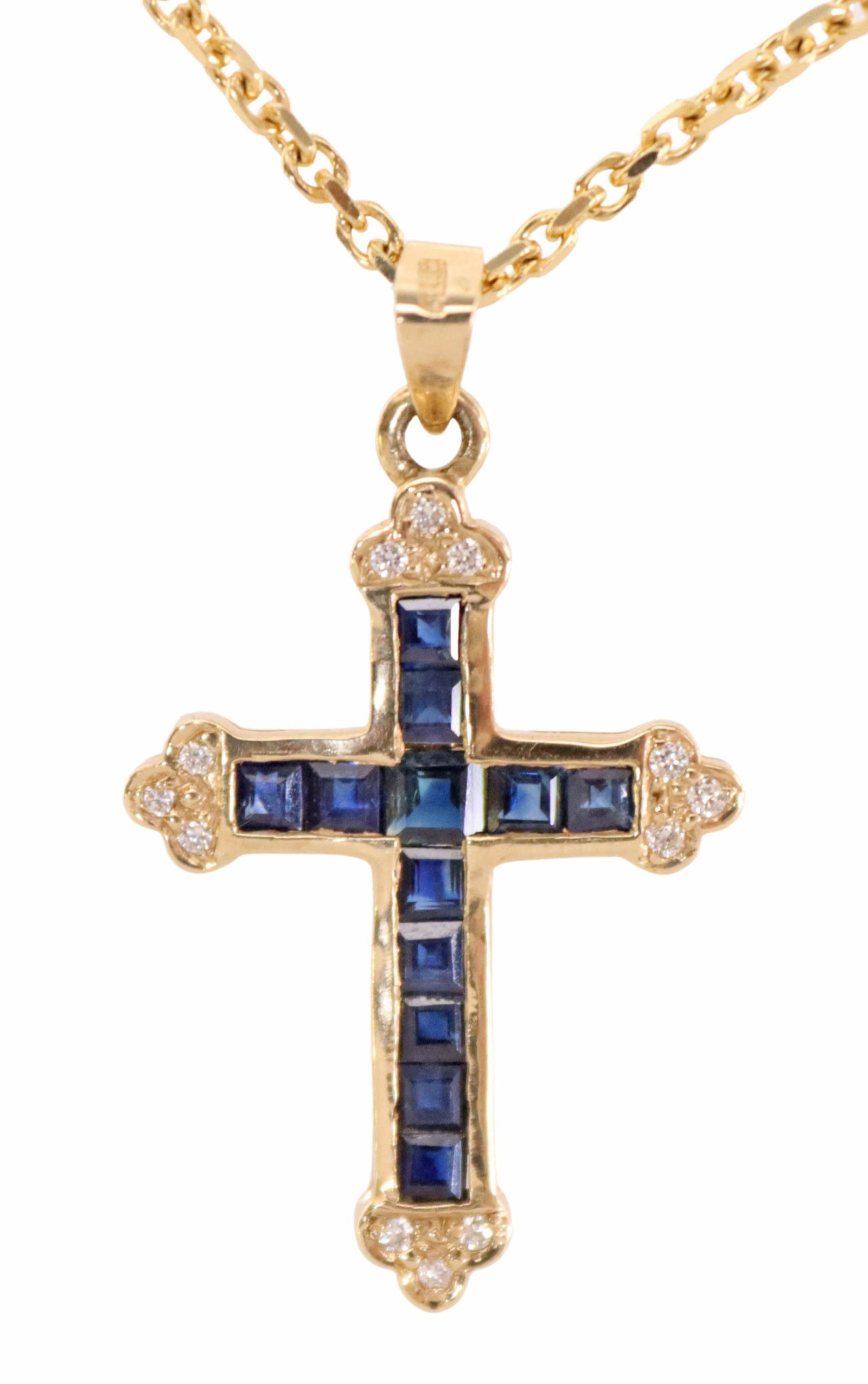 ESTATE 14KT GOLD & SAPPHIRE CROSS ON 18KT CHAIN (1 of 8)