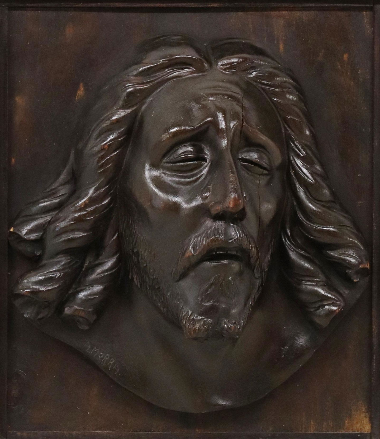 FRAMED CARVED WOOD RELIEF PLAQUE MAN OF SORROWS (1 of 4)