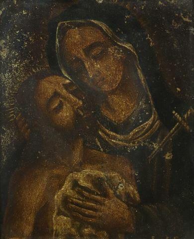 FRAMED OIL ON TIN RETABLO, LA PIEDAD PIETA: Framed oil on tin retablo, La Piedad (Pieta), the Virgin Mary cradling the Crucified Jesus, a sword piercing her breast, sight: 9.5"h, 7.5"w, overall: 15"h, 13"w, 2.25lbs Start Price: $50.00