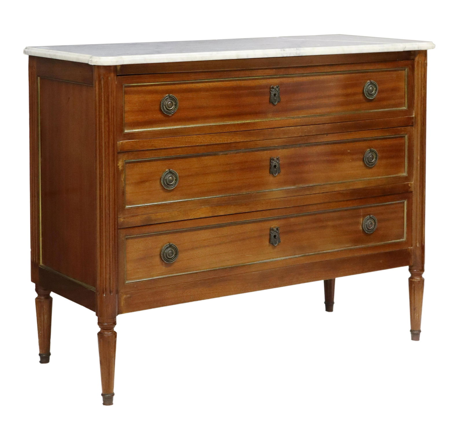 FRENCH LOUIS XVI STYLE MARBLE-TOP MAHOGANY COMMODE: French Louis XVI style mahogany commode, 20th c., having a marble top, over three drawers, flanked by fluted supports, on tapered legs, restoration to marble top, approx 32.75"h, 40.5"w, 17"d Start Pr