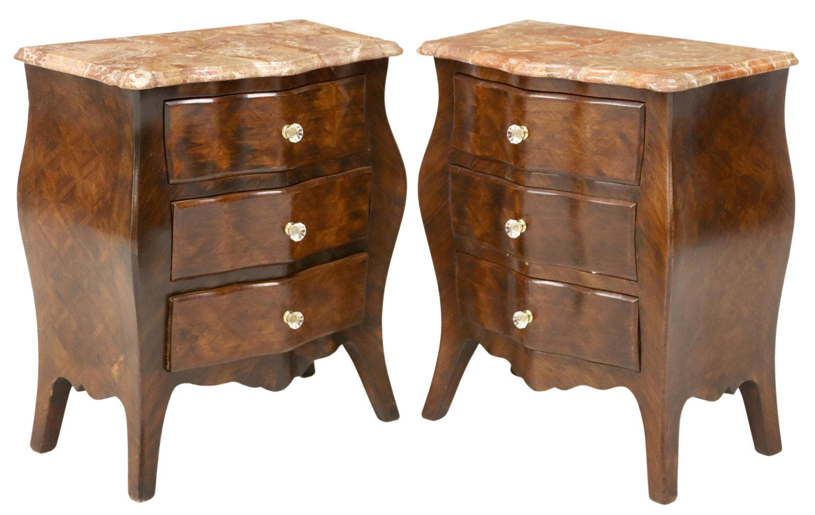 (2) ITALIAN LOUIS XV STYLE MARBLE-TOP NIGHTSTANDS: (pair) Italian Louis XV style matched veneer nightstands, early 20th c., having shaped marble top, over bombe case fitted with three drawers, rising on flared feet, approx 27"h, 23"w, 12.5"d Start Pri
