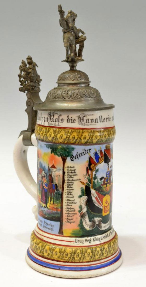 ANTIQUE GERMAN REGIMENTAL LITHOPHANE BEER STEIN: German regimental lithophane stein, Cavalry or Dragoon 1898-1901, showing soldiers saying goodbye to their sweethearts and riding to battle, top band reading 'Stolz zu Ros die Cavallerie auf dem Polte