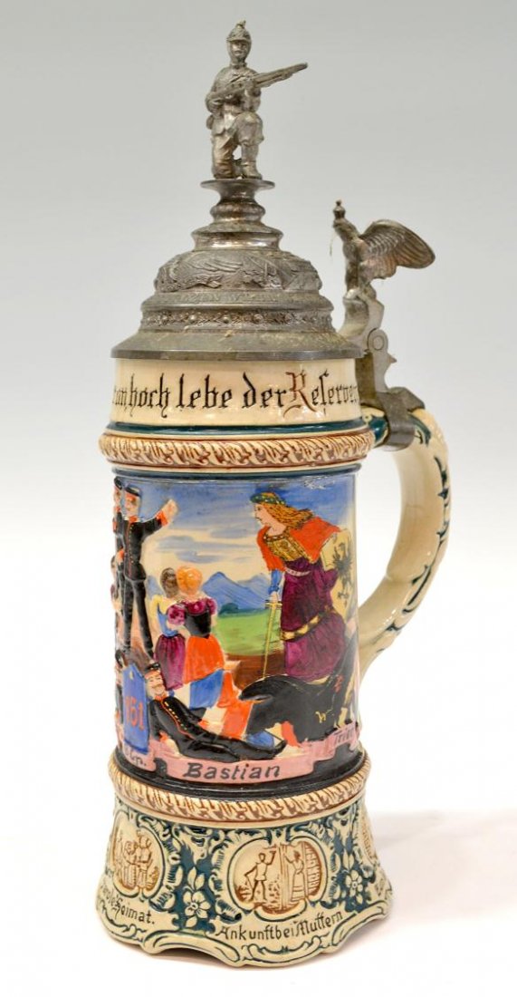 PRUSSIAN REGIMENTAL BEER STEIN, 1905-1907: Prussian regimental stein, 1905-1907, showing the military men of infantry 161 being admired by women in relief, flanked by images of soldier at camp by the water and city, and by a female warrior god