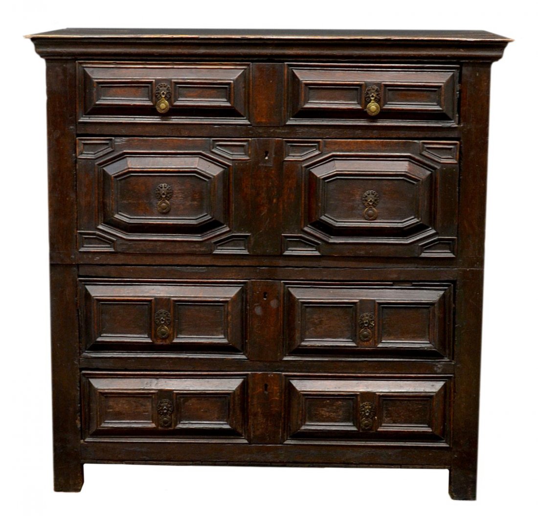 WILLIAM & MARY OAK CHEST, 17TH C. & LATER ELEMENTS: William and Mary oak chest in two-parts, 17th c. and later elements, a molded cornice surmounting the case fitted with four varied drawers, each with raised molded panels and drop pulls, raised on sho