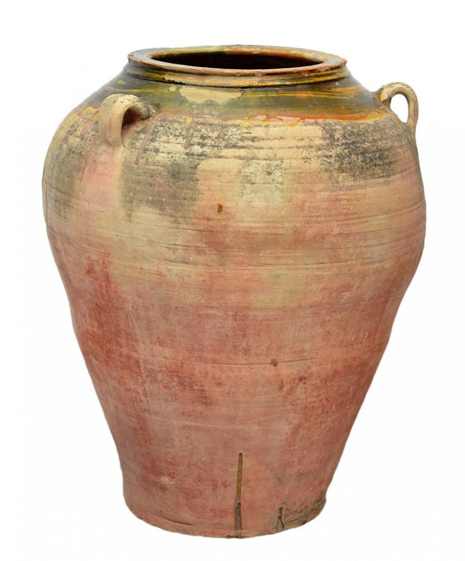 ANTIQUE SPANISH EARTHENWARE OLIVE JAR: Spanish olive jar or tinaja, early 20th c., the earthenware vessel with dripped glaze and incised design, three loop handles, 33"h, 24"d., (8B094) Start Price: $200.00