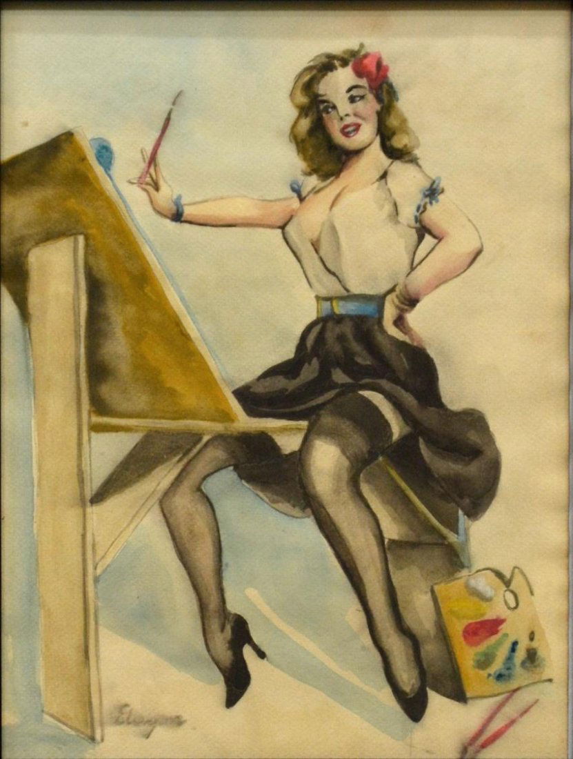 PAINTING, PINUP GIRL, GIL ELVGREN (1914-1980): Framed watercolor painting on paper, Study: "The Right Touch", 1958, , signed lower left Elvgren (Gilette Elvgren, American, 1914-1980), sight: 10.5"h, 8"w, overall: 12"h, 9.75"w, 1lb Start Price: $50