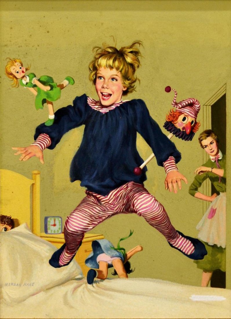 PAINTING, GIRL WITH TOYS, MORGAN KANE (B. 1916): Framed painting on board, Girl with Toys Jumping on Bed, signed lower right Morgan Kane (American, b. 1916), sight: 17.25"h, 13.25"w, overall: 21"h, 17"w, 2.5lbs Start Price: $500.00