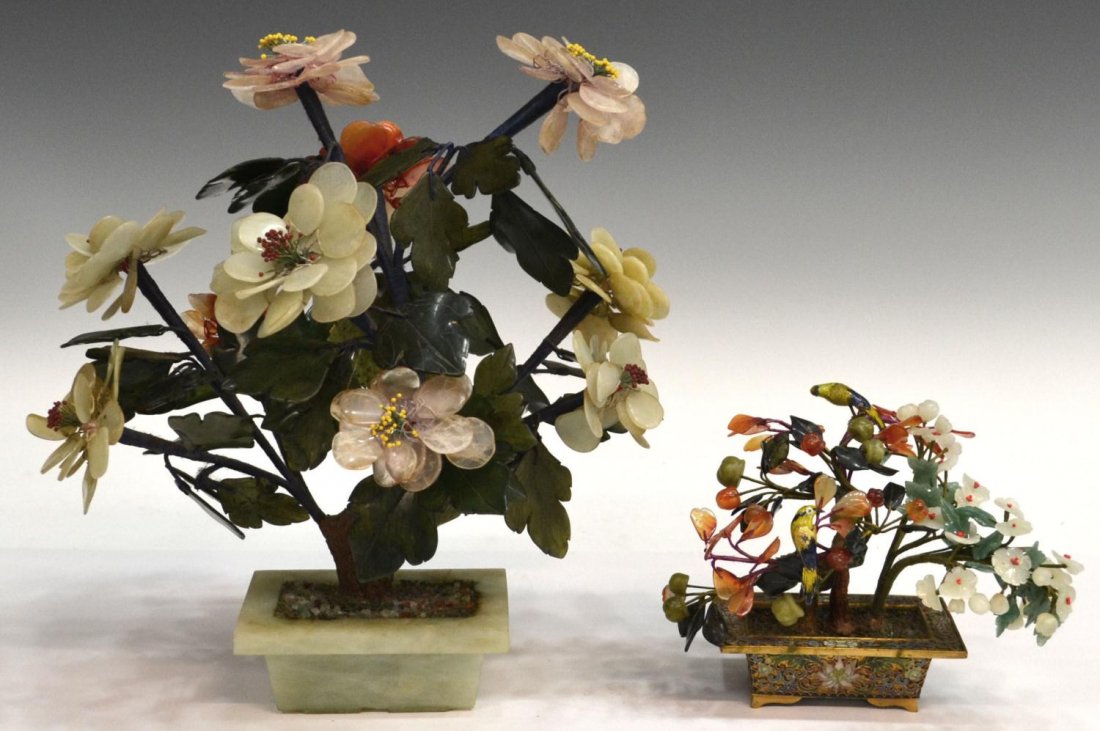 (2) CHINESE JADE & SEMI-PRECIOUS STONE TREES: (lot of 2) Chinese semi-precious stone trees in pots flowering branches consisting of jade, rose quartz, carnelian etc., (1) with cloisonne birds set in a cloisonne pot, 5.25"h; (1) set in a jade pot,